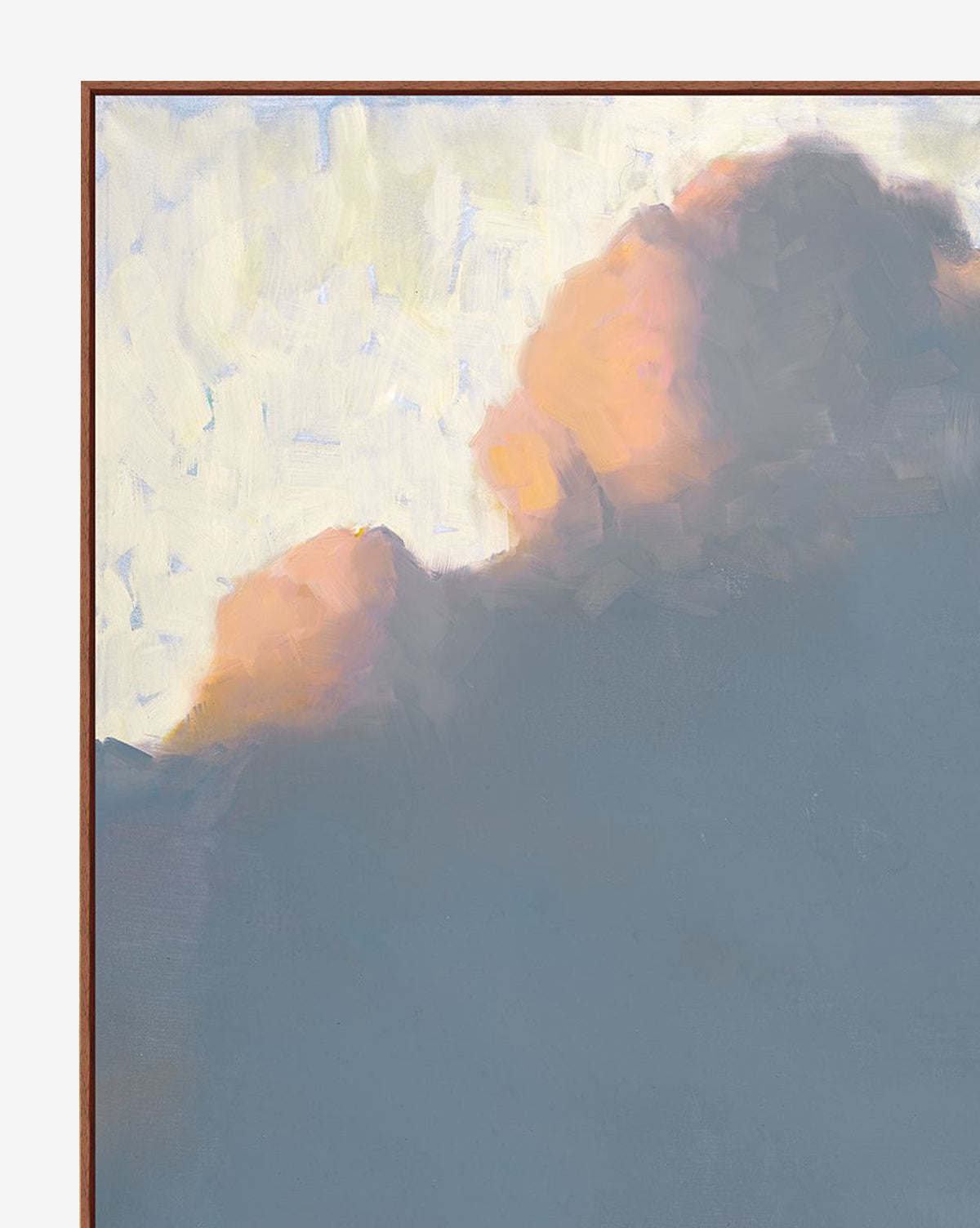 All the Blue Above is a serene landscape painting featuring soft, textured clouds in pastel orange and pink against a pale sky with blue-gray below, beautifully presented in a slim walnut wood floater frame, by McGee & Co.