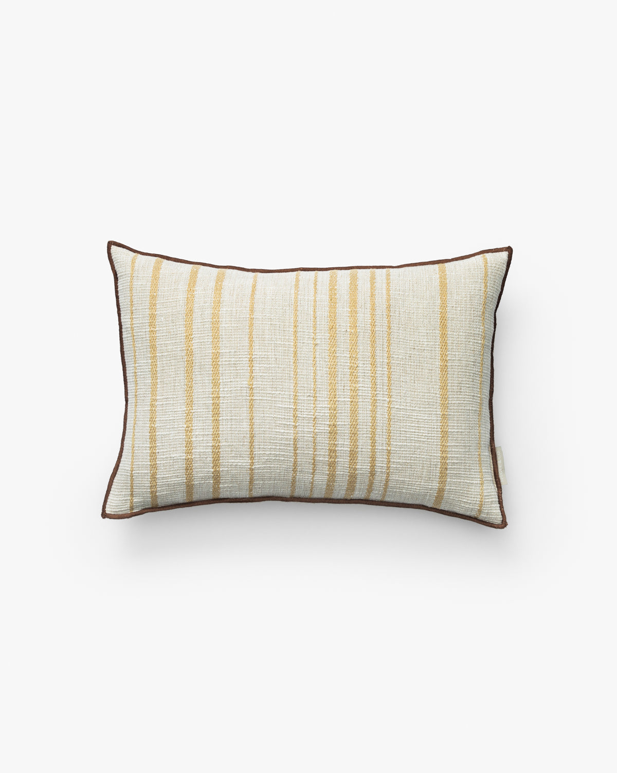 The Alton Striped Pillow Cover by TAL HANDWOVEN CLASSICS LLP features cream handwoven cotton with vertical mustard stripes and dark brown piping, displayed on a plain white background, by McGee & Co.