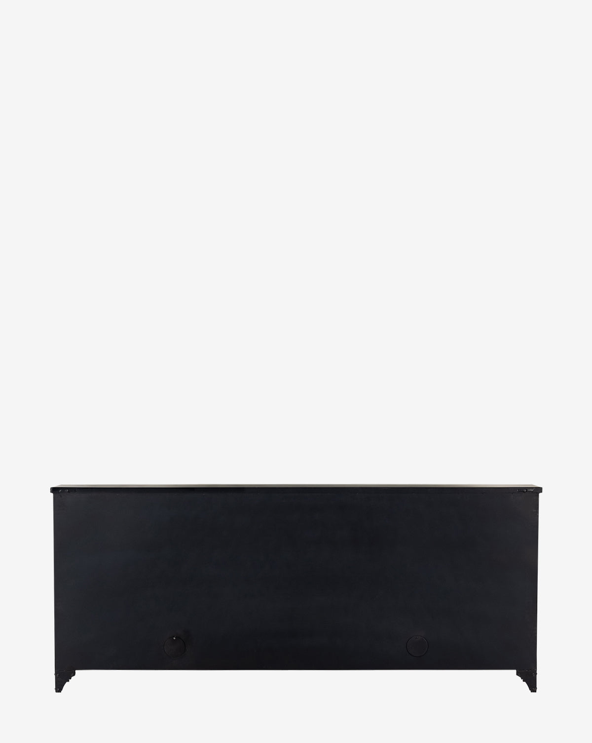 The Amalie Sideboard is a black rectangular storage TV stand, shown from the back with two circular cable management holes near the bottom corners, set against a plain white background.