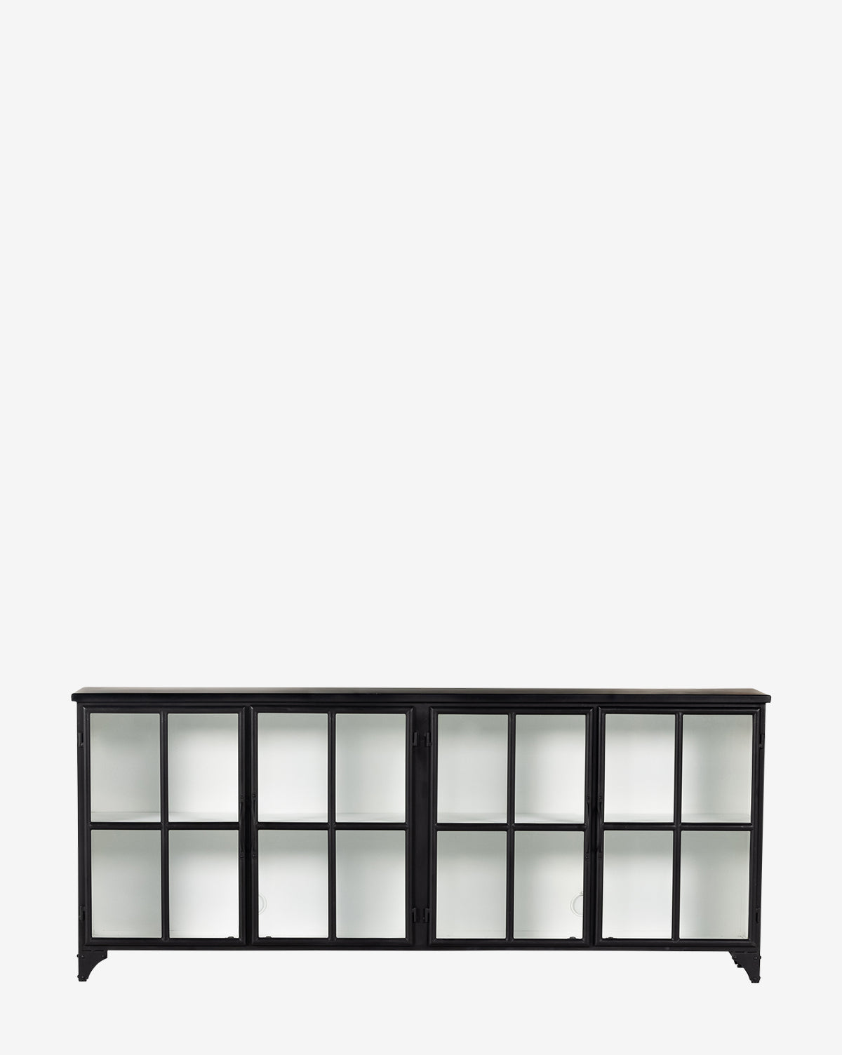 The Amalie Sideboard features four black doors with grid frames and frosted glass panels, shown on a plain white background.