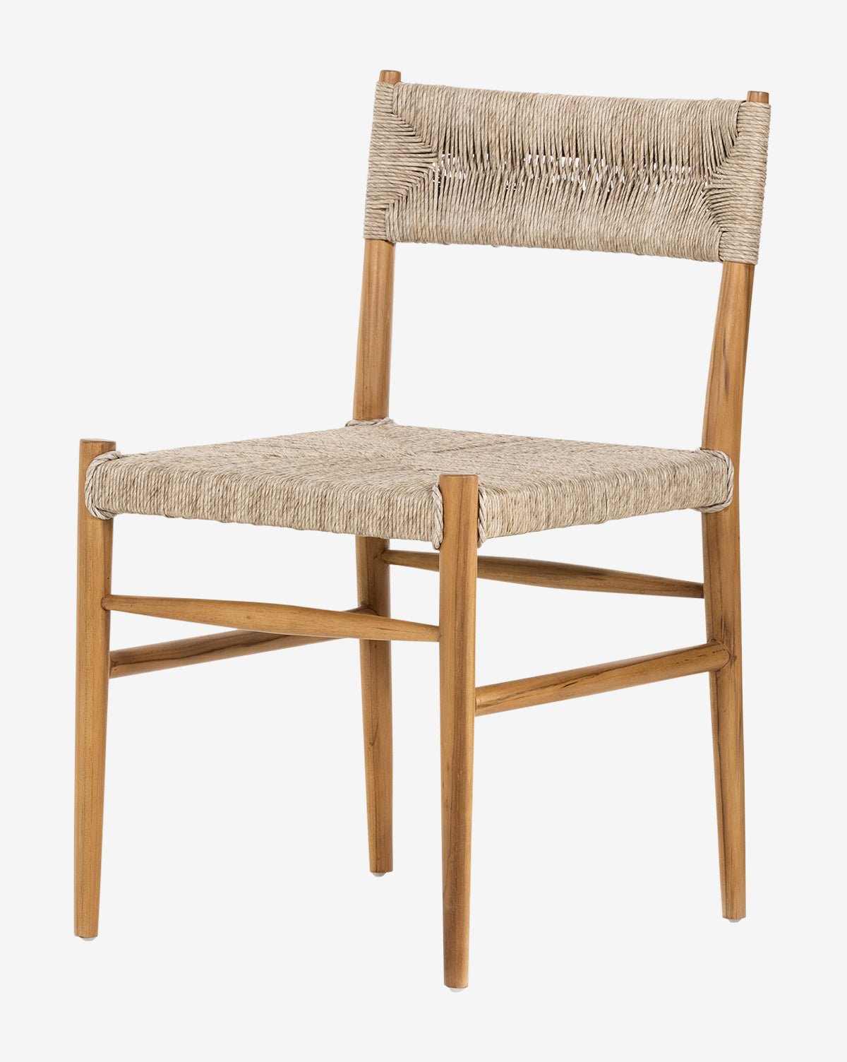 The Ambler Indoor/Outdoor Dining Chair features a modern teak frame with a natural finish, wicker seating, and a woven light cord backrest, shown on a plain white background by McGee & Co.