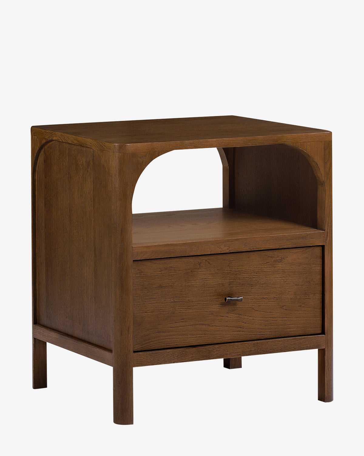 The Ambrosia Nightstand features a rectangular walnut oak veneer design with an open shelf above a single drawer, antique brass hardware, and four sturdy legs, by McGee & Co.