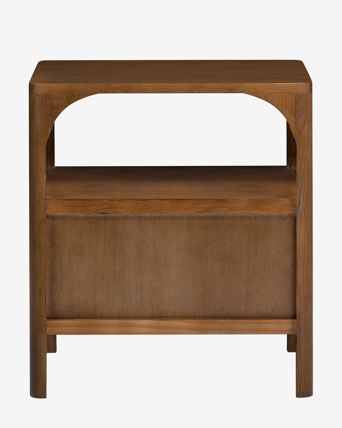 The Ambrosia Nightstand features a rectangular wooden top, open shelf below, straight legs, clean lines, and a walnut oak veneer finish, by McGee & Co.