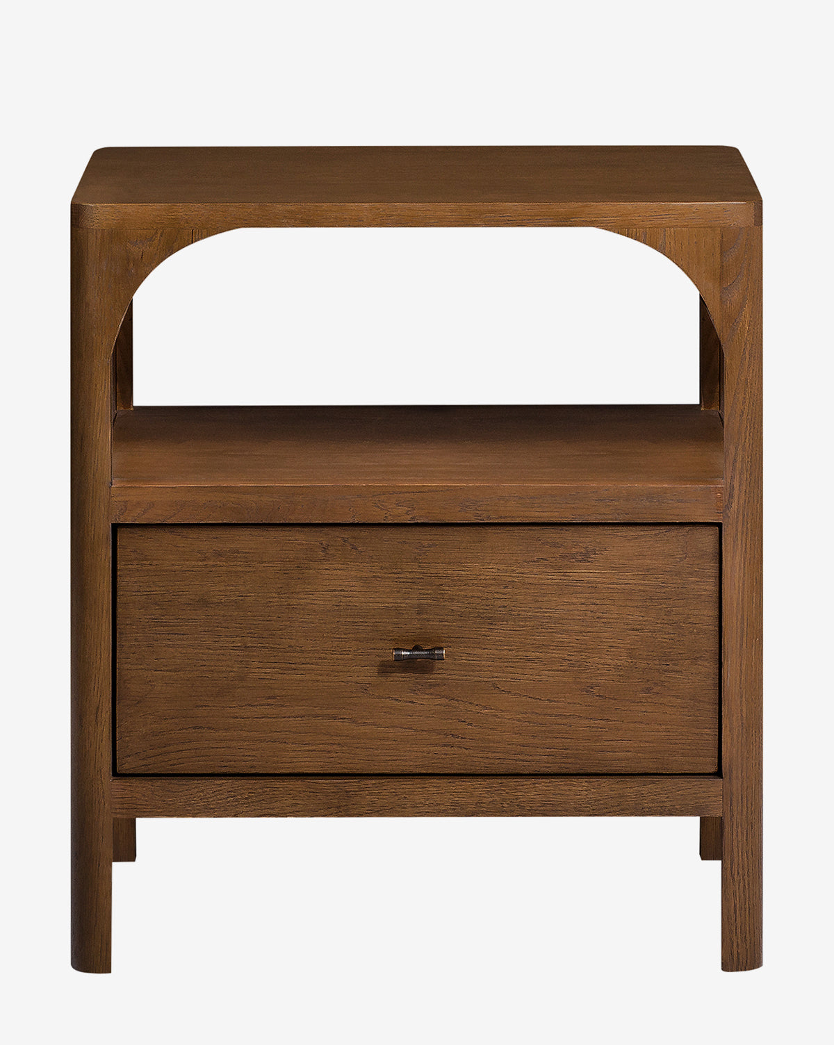 The Ambrosia Nightstand by Co. House Designs LLC features a rectangular walnut oak veneer in warm brown, with an open shelf above a single drawer accented by antique brass hardware. McGee & Co.