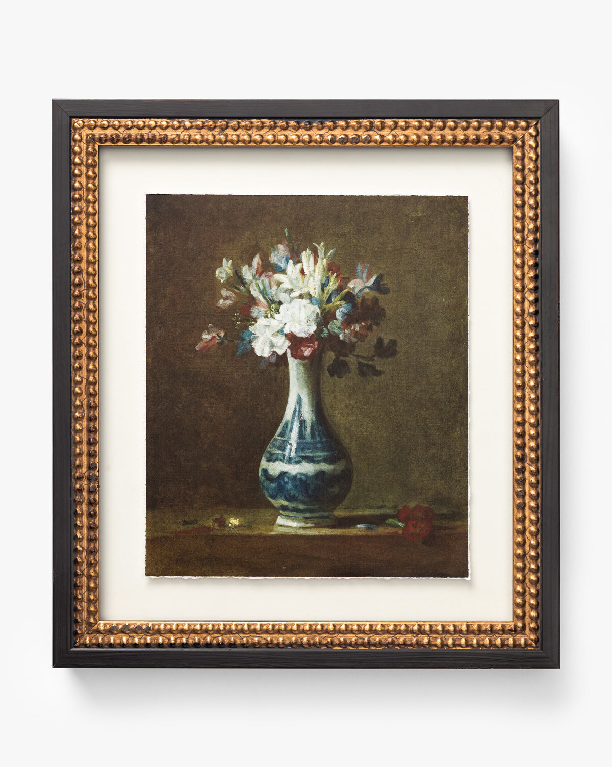 Framed giclee print titled Antique Flower Vase, featuring white and pink blooms on a dark background in a gold and black decorative frame—a perfect vintage-inspired wall art piece for any space, by McGee & Co.