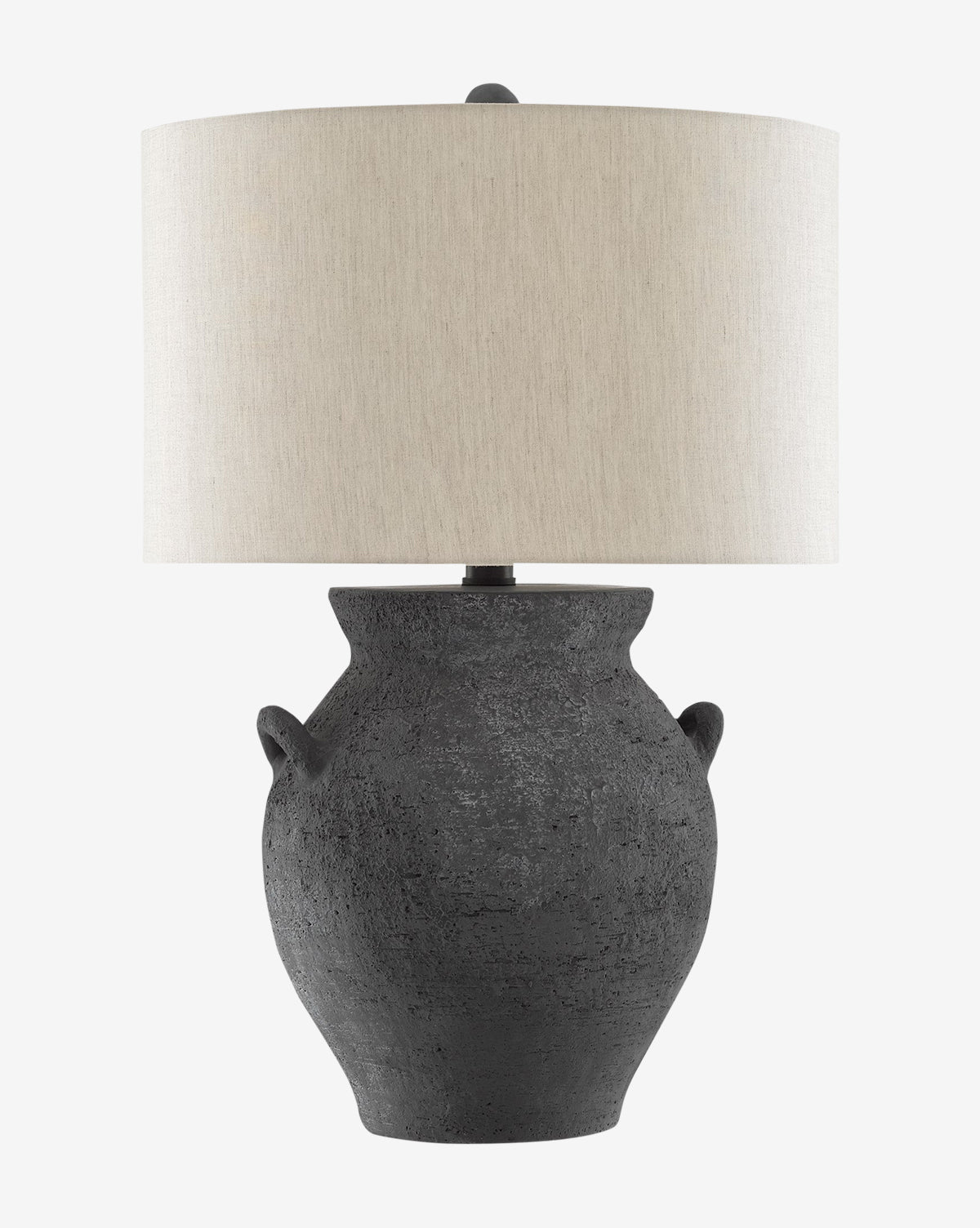 The Anza Table Lamp features a vase-shaped ceramic base with a textured black ash glaze and a large, round off-white fabric shade—an elegant update to a classic design, by McGee & Co.