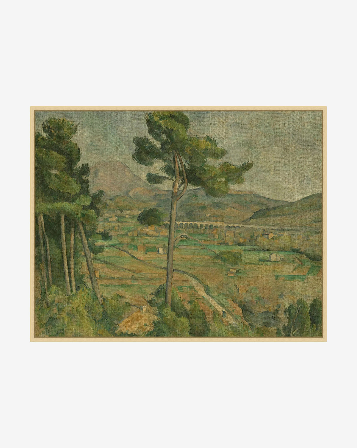 Arc River View portrays tall pine trees in the foreground overlooking a rural valley with scattered houses, distant hills, and a muted sky, all depicted in earthy greens and browns, by McGee & Co.