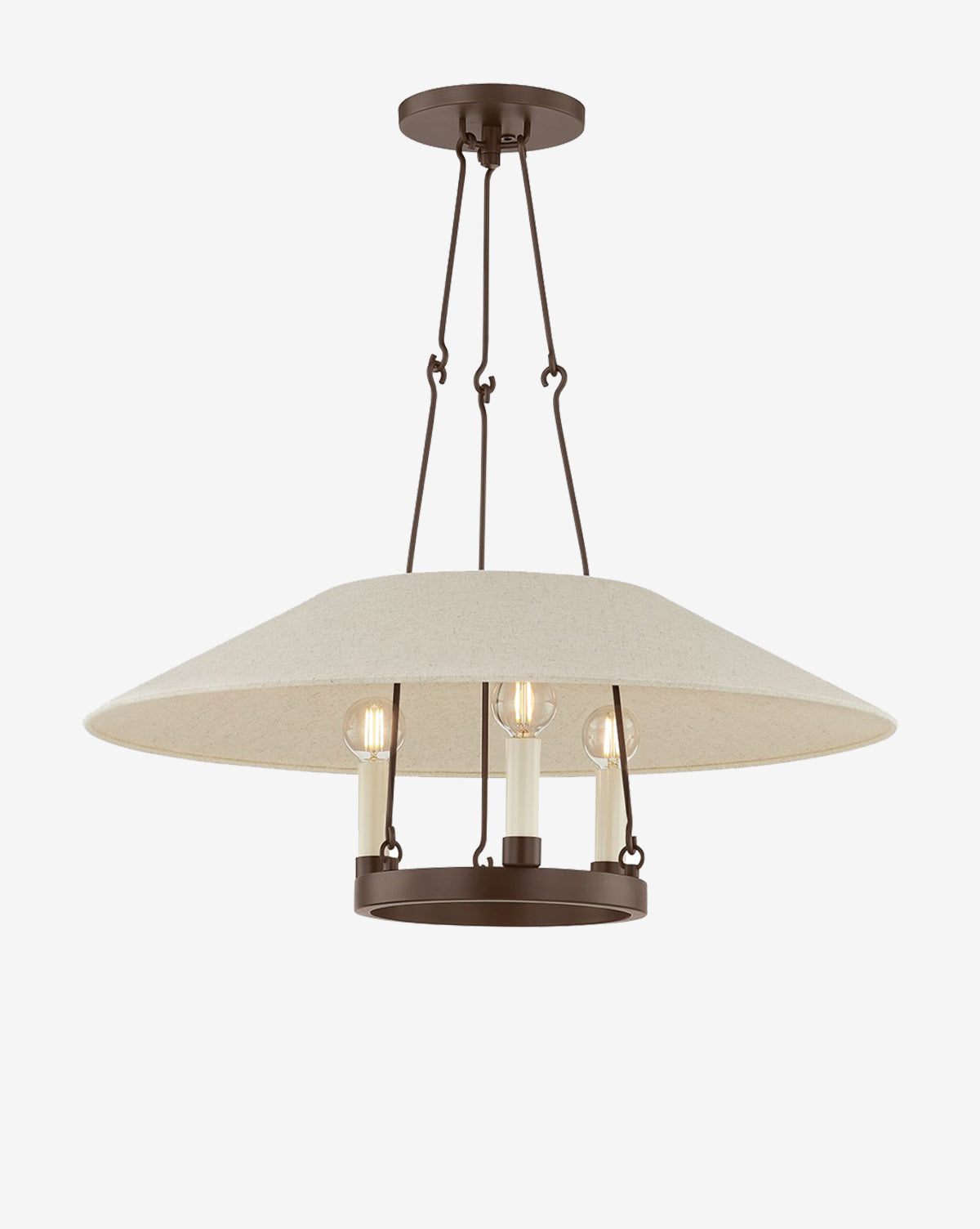 The Archive Pendant showcases a modern design with a wide beige fabric shade, three exposed bulbs, and a bronze-finished frame hanging from matching rods and chains—perfect for contemporary lighting, by McGee & Co.