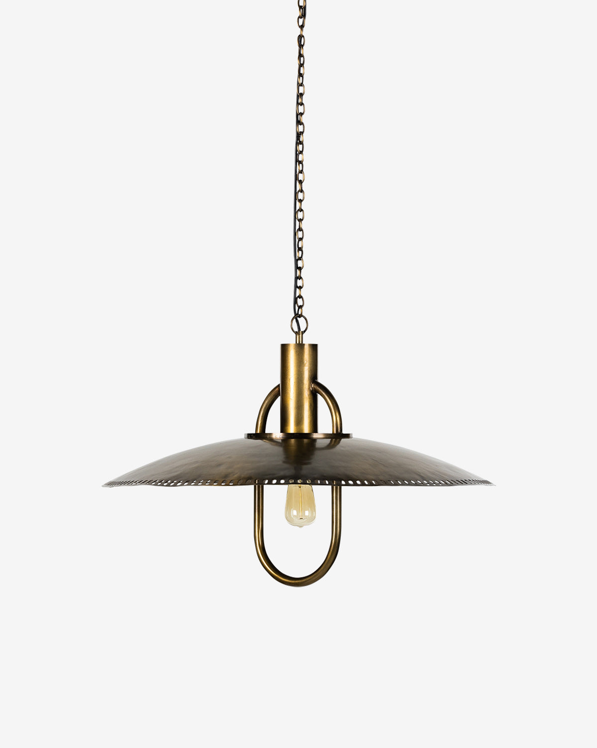 The Arely Pendant showcases a brass-finished, wide flat circular shade and exposed bulb, hanging by a chain for an industrial look, by McGee & Co.