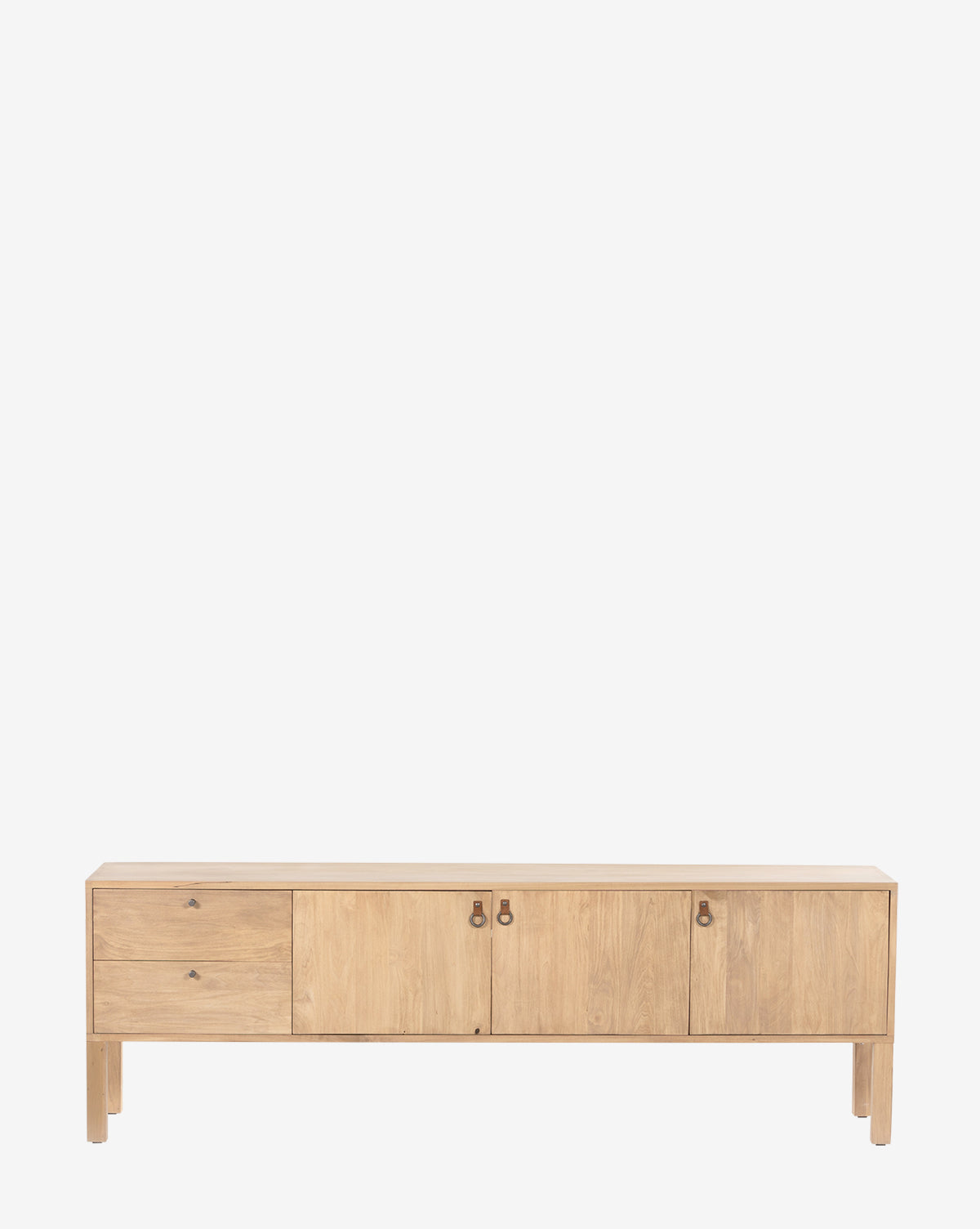 The Ashlen Console, a minimalist piece in Shaker-inspired style, crafted from solid poplar, features two left drawers, a single-door cabinet, and a double-door cabinet with sleek metal handles against a plain white background by McGee & Co.