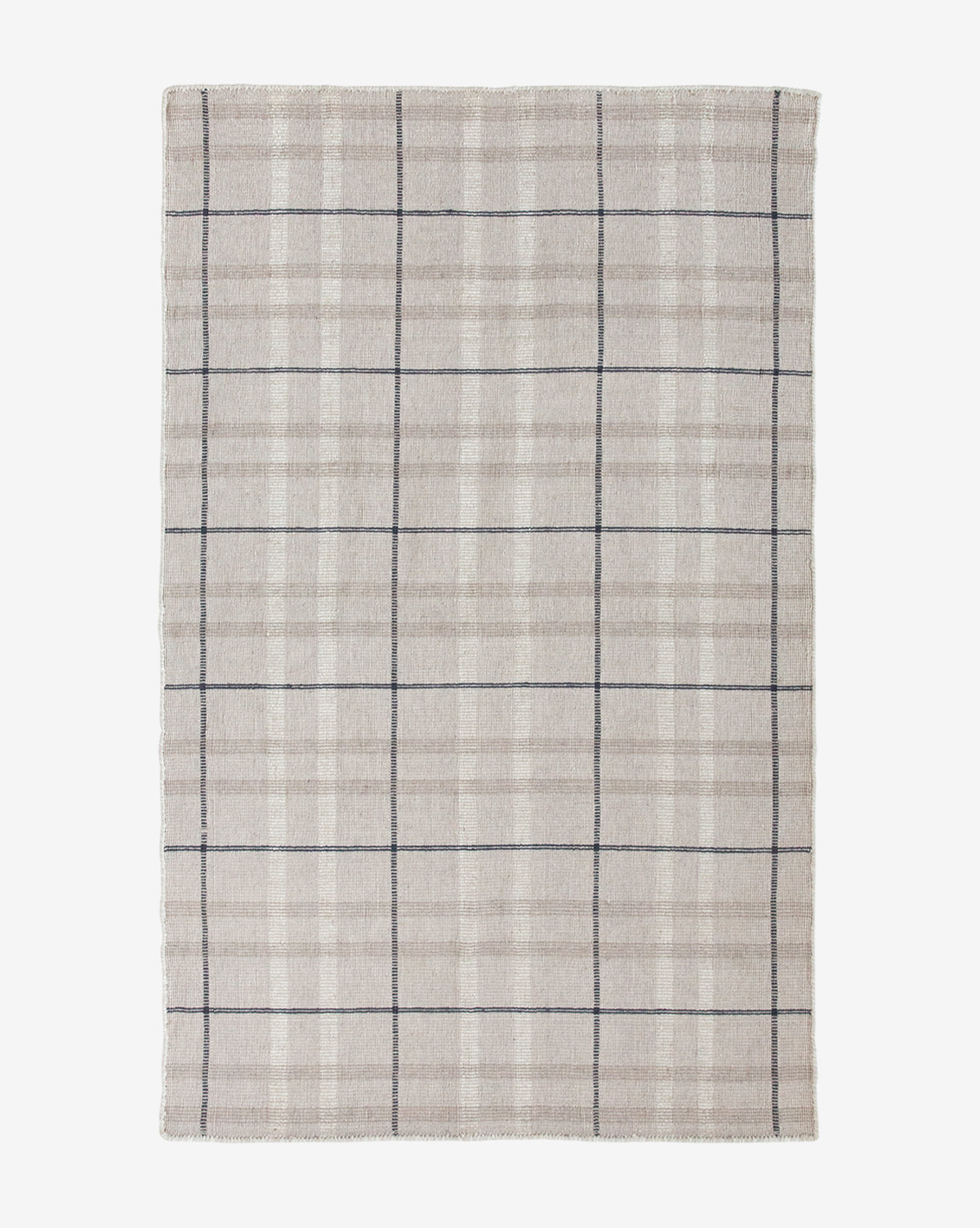 The Augustine Handwoven Indoor/Outdoor Rug is a rectangular beige piece with a grid of intersecting dark lines over a subtle plaid background, by McGee & Co.