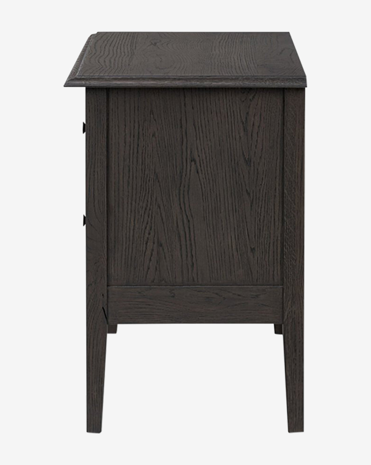 Side view of the Aurelian Nightstand, showcasing its smoked oak finish, four straight legs, visible wood grain, and flat surface. Its simple modern design makes it perfect for adding stylish storage to any bedroom, by McGee & Co.