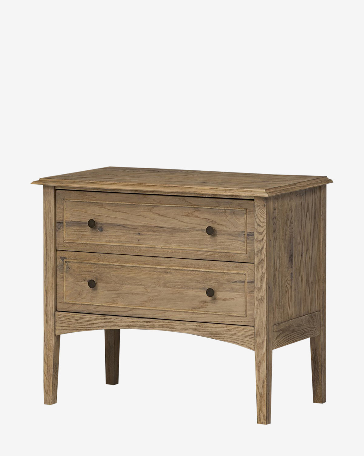 The Aurelian Nightstand features a wooden build with two drawers, simple round handles, a natural smoked oak finish, clean lines, slightly tapered legs, and a minimalist design for stylish bedroom storage by McGee & Co.