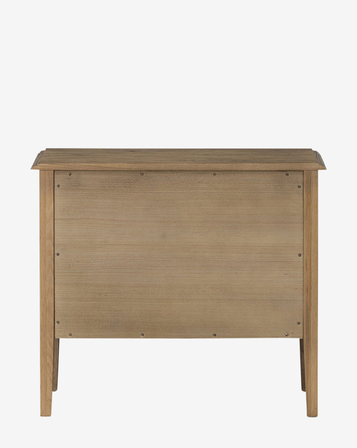 The Aurelian Nightstand in smoked oak, shown from the back with a flat rectangular panel, visible screws, and four legs, offers an elegant bedroom storage solution set against a plain white background by McGee & Co.