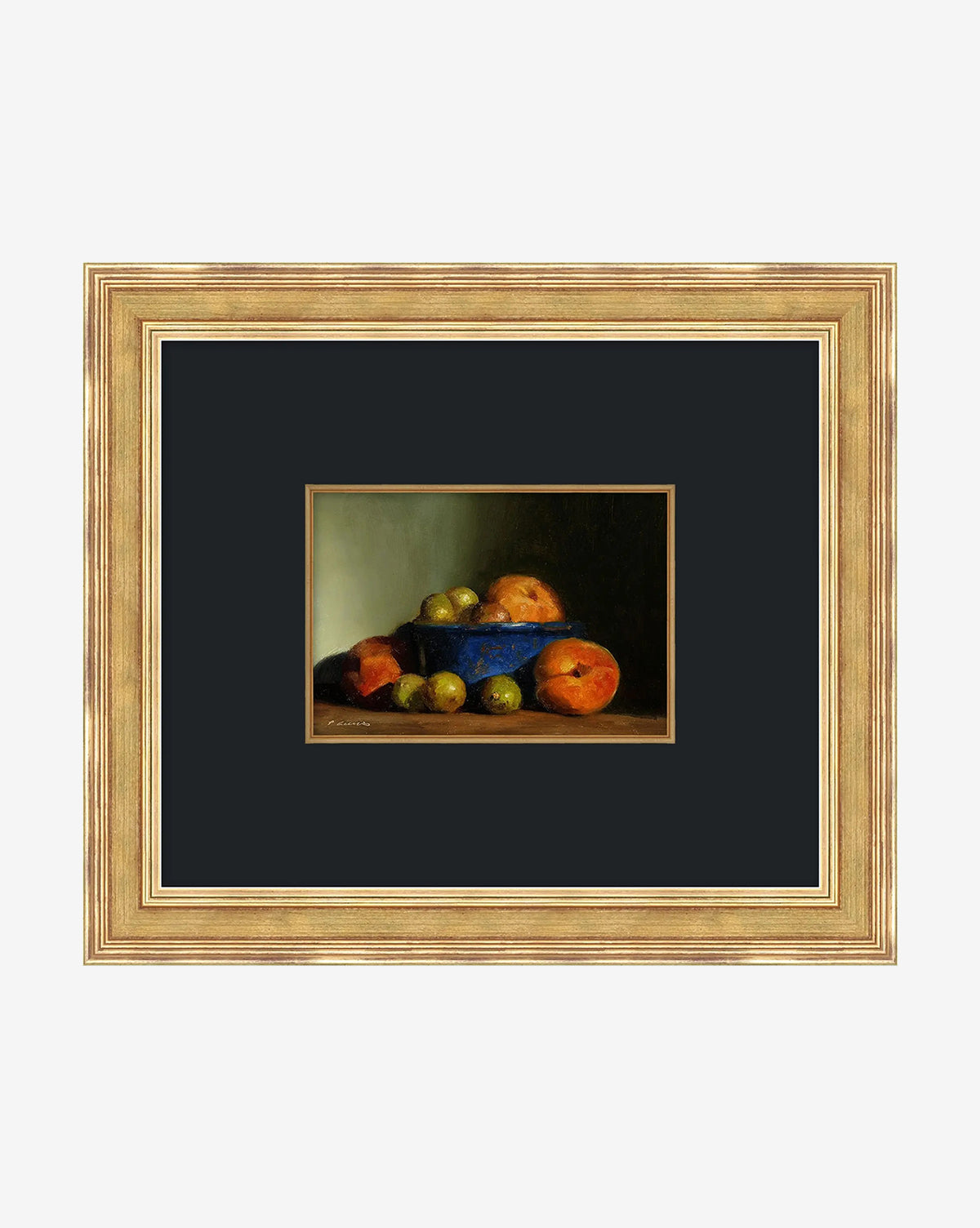 Autumns Bounty I by Pascal Giroud is a framed still-life wall art featuring a blue bowl of apples and pears on a brown surface with scattered fruit—an elegant addition to your home decor, by McGee & Co.