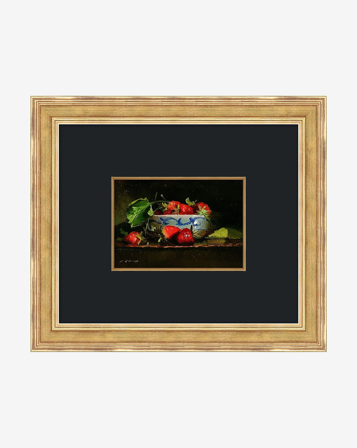 Autumn’s Bounty II by Pascal Giroud is a framed still life wall art, depicting a blue and white bowl of strawberries, leaves, and berries on a dark surface, set in double black and gold mats with a gold frame, by McGee & Co.