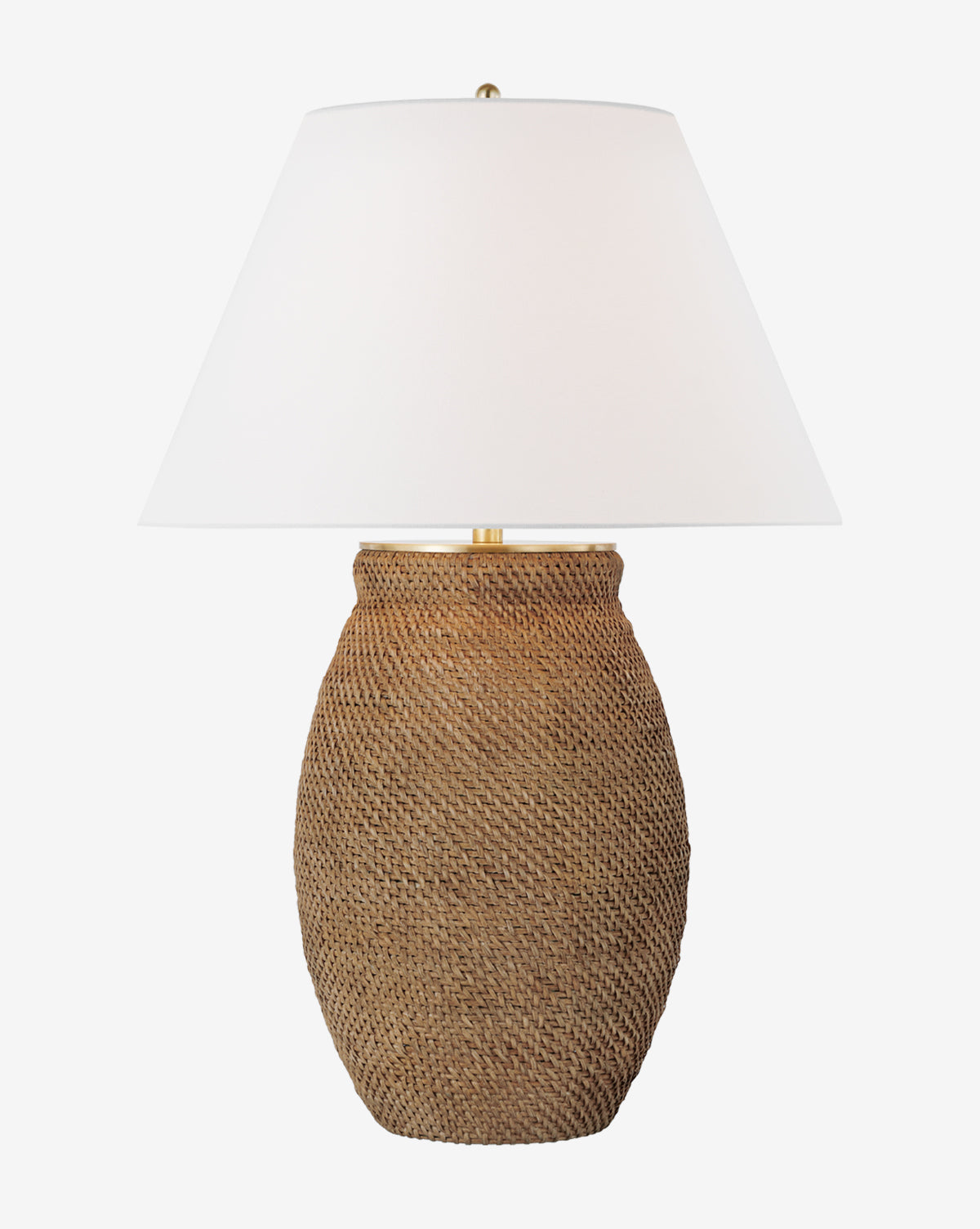 The Avedon Table Lamp has a natural rattan base with a woven texture and a large white linen shade, shown against a plain white background, by McGee & Co.