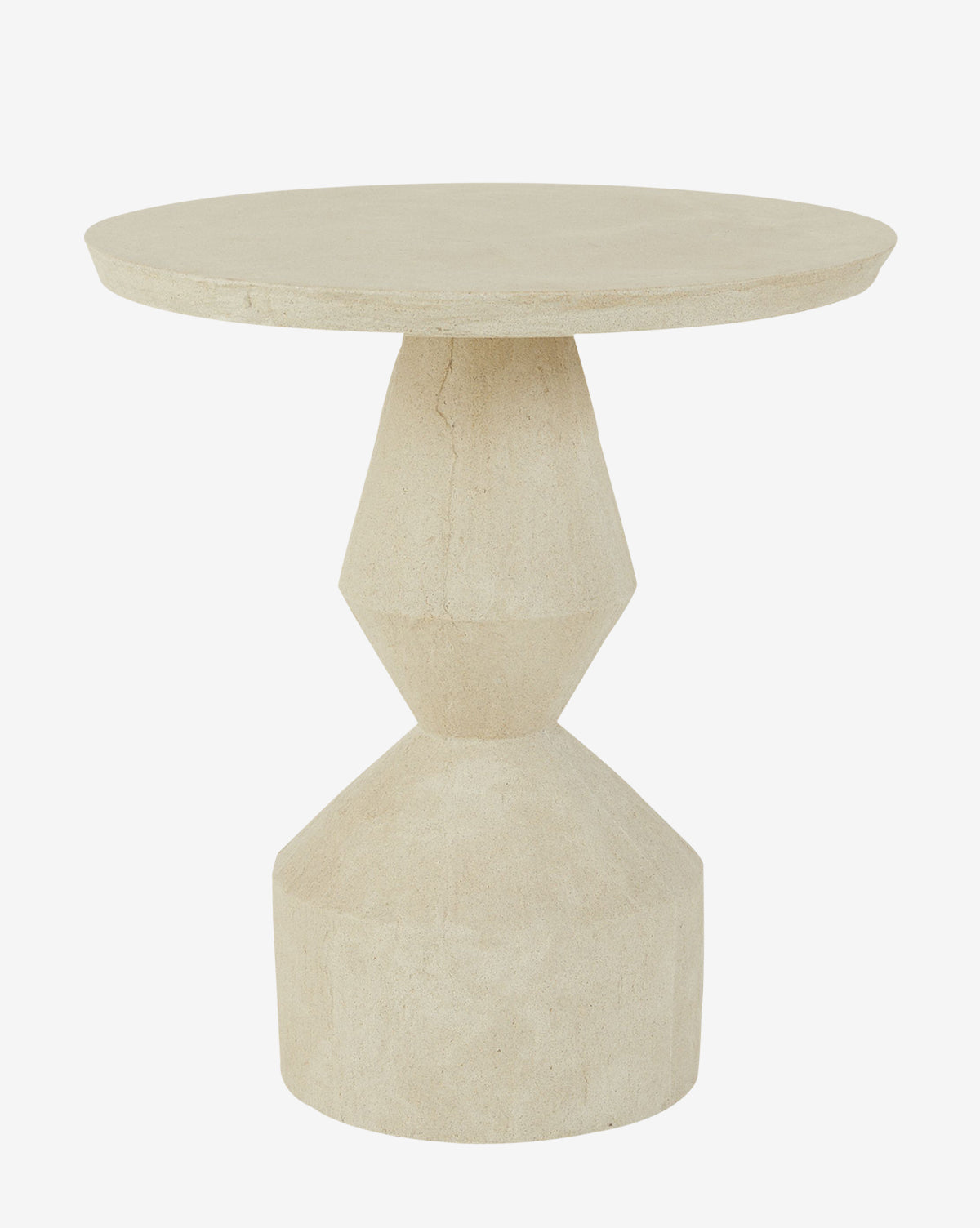 The Bahair Outdoor End Table is round and beige with a flat top, sculptural geometric base, and smooth Tuscan plaster finish. Its minimalist, modern design makes it ideal for contemporary outdoor settings by McGee & Co.