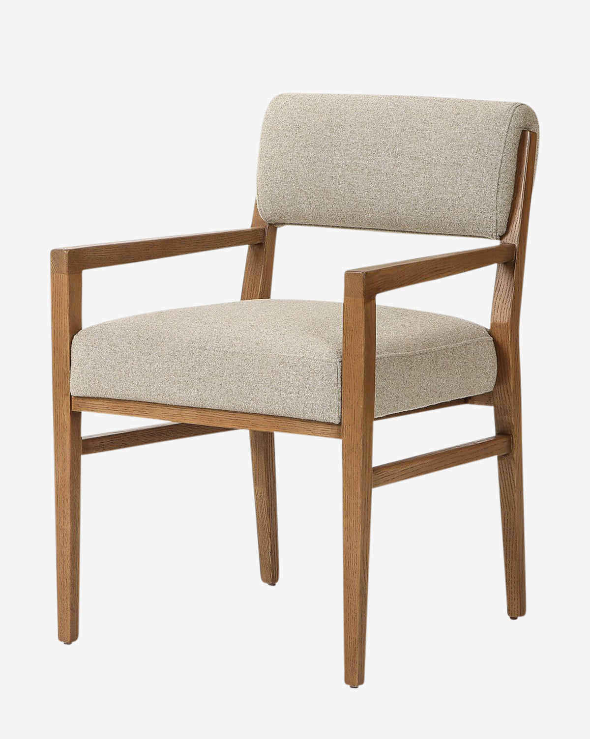 The Bailey Dining Arm Chair is a modern wooden chair in smoked oak with light beige upholstery on the seat and backrest, featuring clean lines and a minimalist design by McGee & Co.