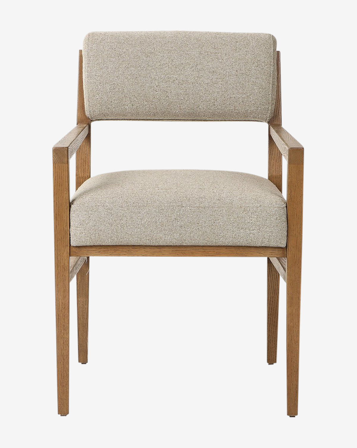 The Bailey Dining Arm Chair features straight arms and legs in smoked oak with a beige upholstered seat and backrest, shown against a plain white background by McGee & Co.