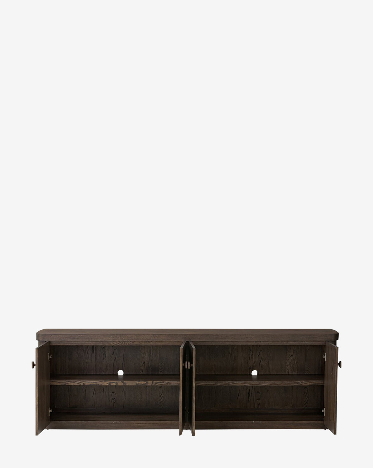 The Baldwin Sideboard TV stand, made of dark wood, features two open doors on each end that reveal interior shelves and cable management holes, shown against a plain white background, by McGee & Co.