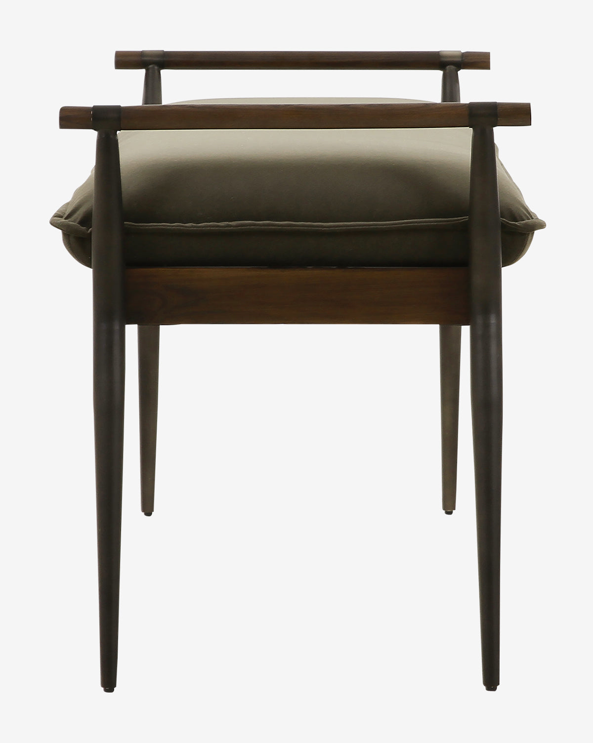 The Balfour Bench features a front view with four slender wooden legs, horizontal armrests on each side, and a rectangular olive green upholstered cushion by McGee & Co.