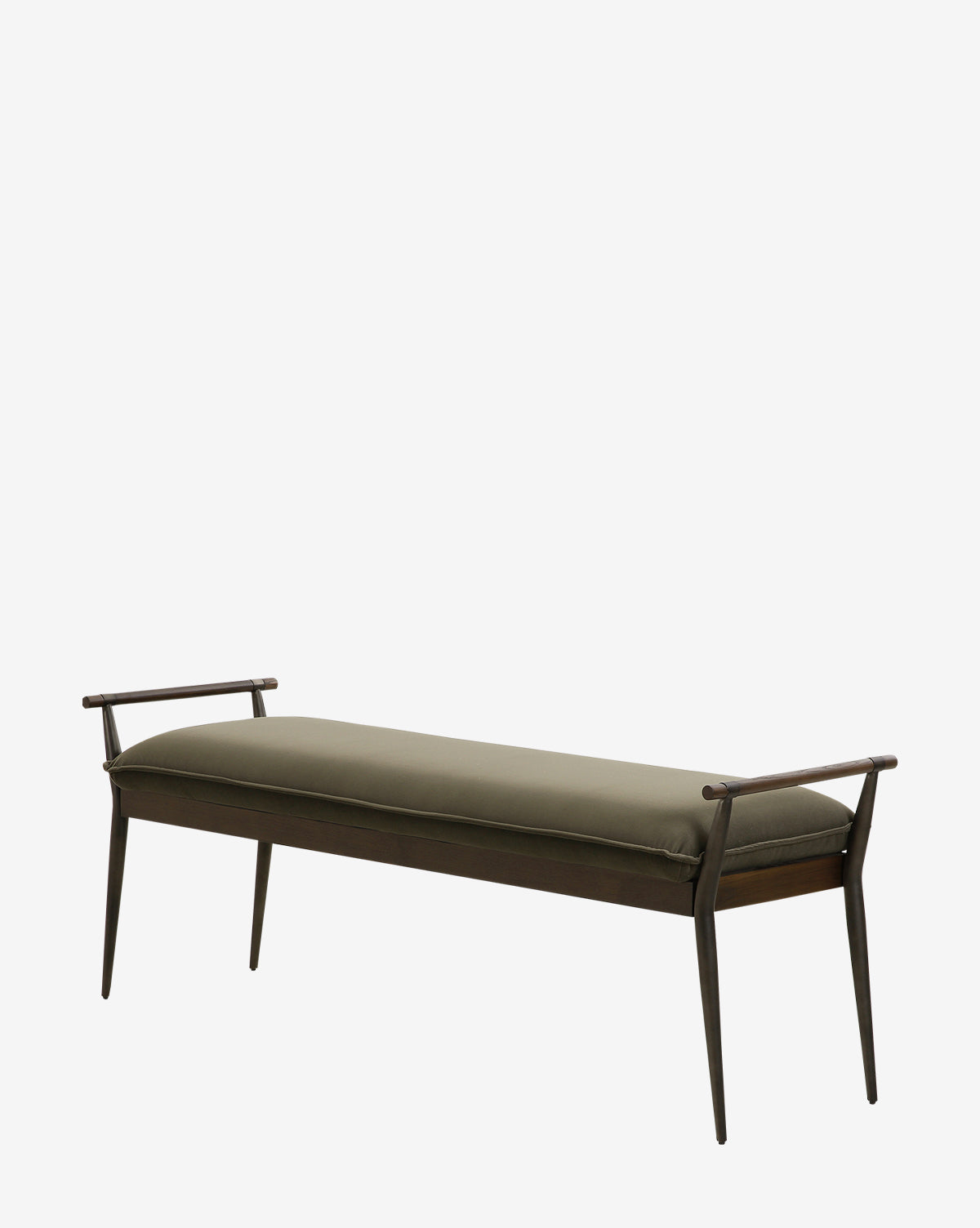 The Balfour Bench features a dark wood frame, olive green upholstered cushion, slender steel legs, and raised arm supports at each end, presented against a plain white background for a minimalist modern look by McGee & Co.