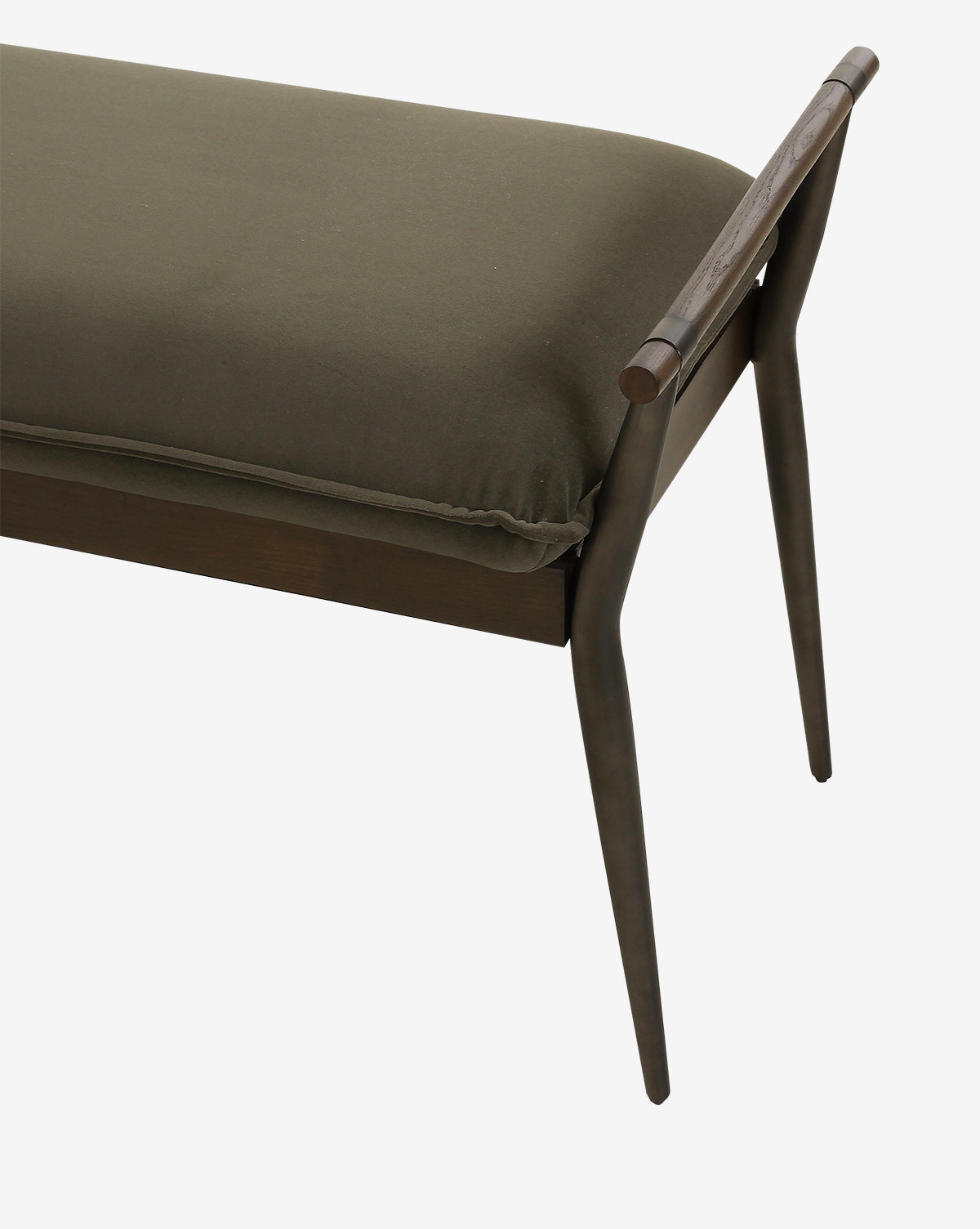The Balfour Bench features steel legs, a dark wood frame, and an olive green upholstered cushion seat, shown here in close-up against a white background by McGee & Co.