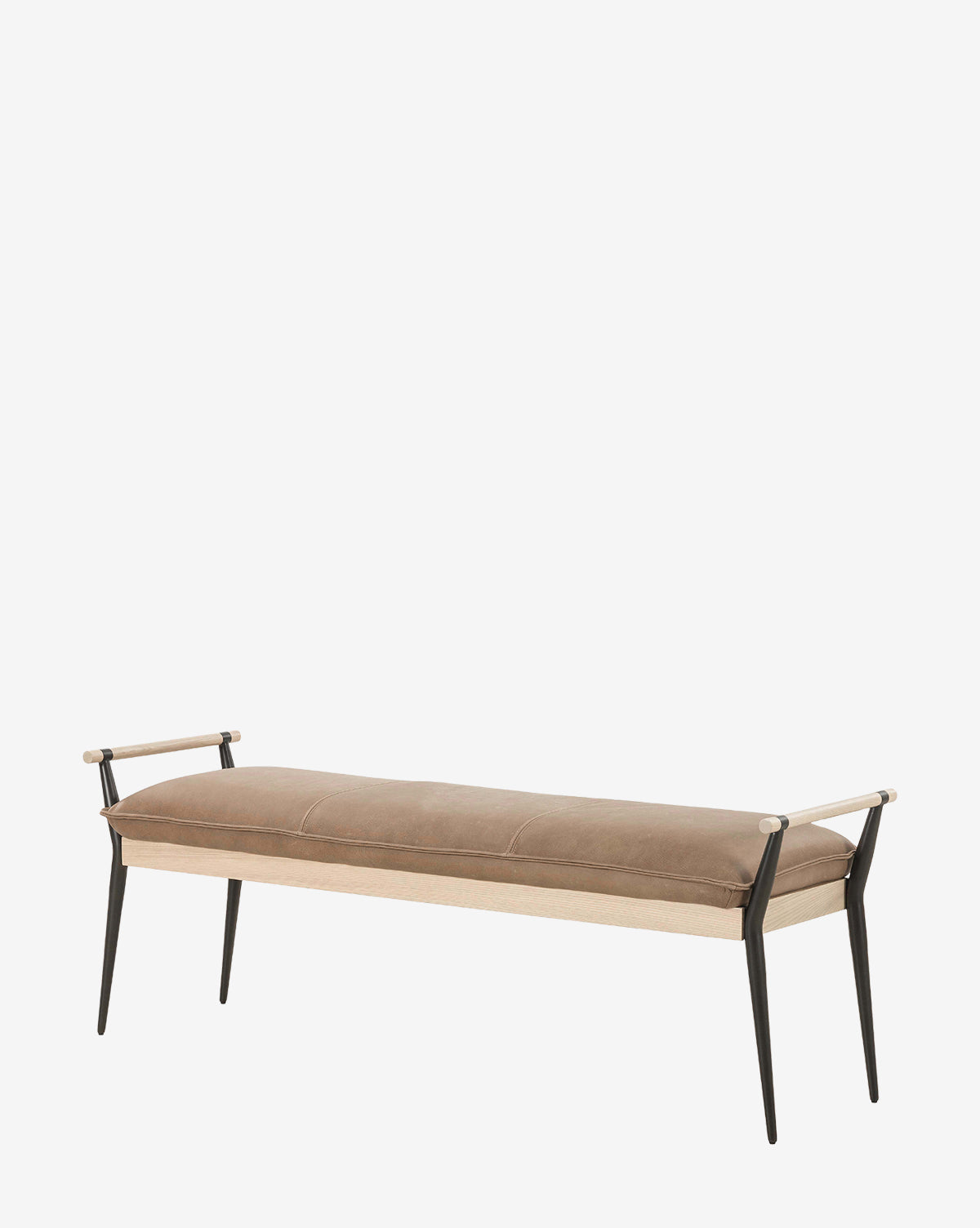 The Balfour Bench features a tan upholstered cushion, slim armrests with light wood accents, and black angled steel legs, all set against a plain white background by McGee & Co.