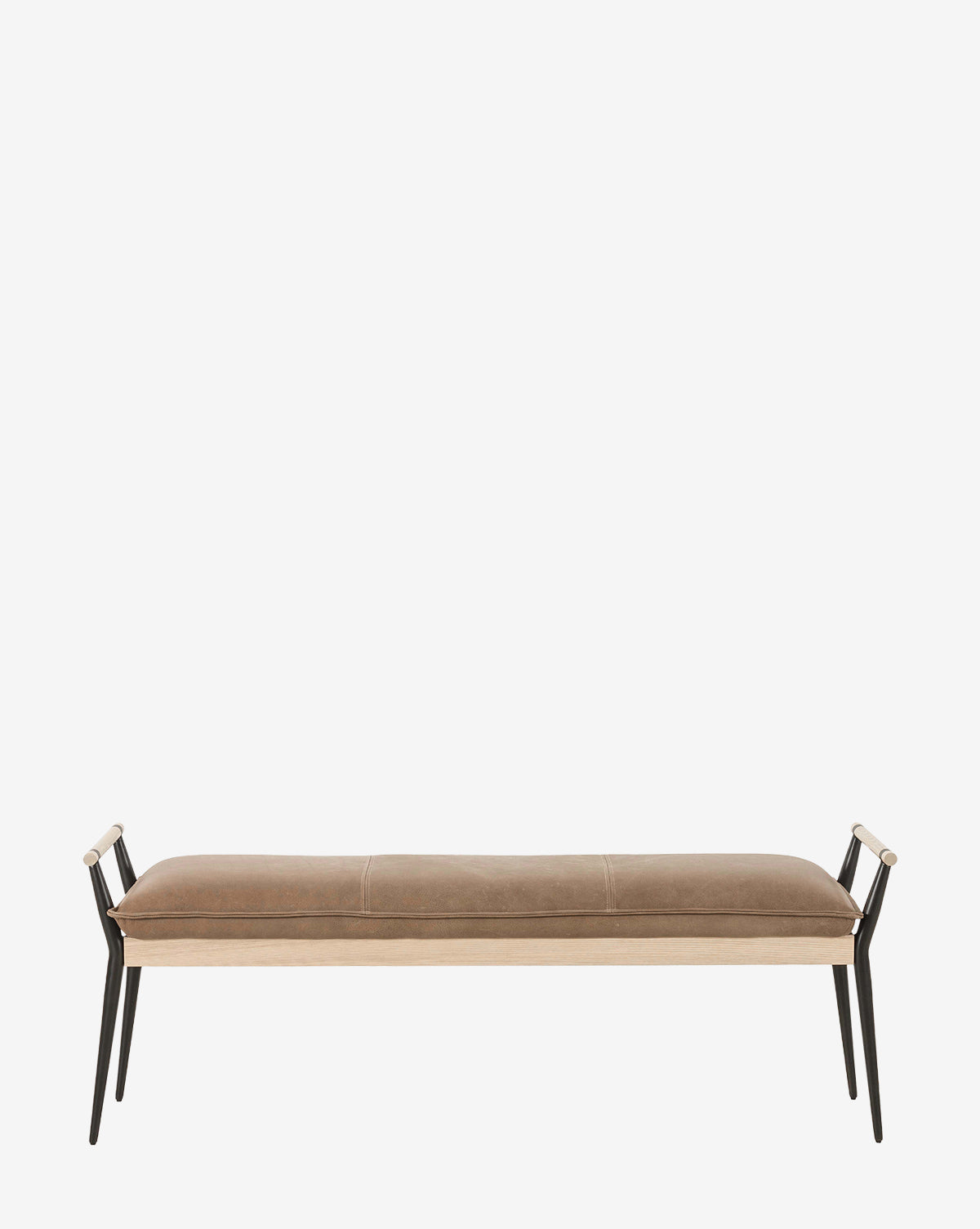 The Balfour Bench features an upholstered light brown cushion, sleek steel legs, and wooden armrests at each end, set against a plain white background by McGee & Co.