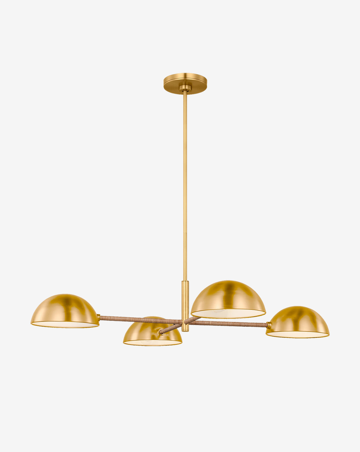 The Balleroy Large Chandelier by Visual Comfort Studio - Generation Lighting features four dome-shaped shades in a horizontal cross on a central rod, offering sophisticated brass style for any space. McGee & Co.