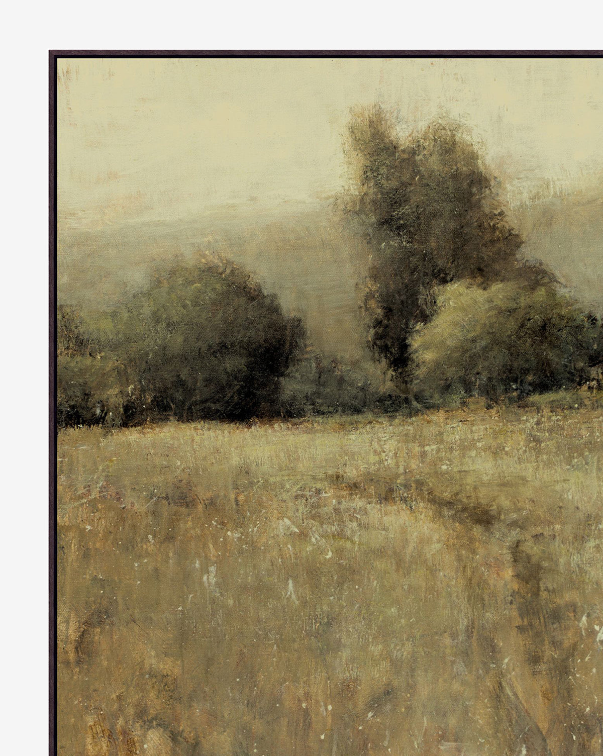 “Balmy Meadow by Don Bishop” captures a soft-focus field of tall grass, dense green trees, and distant hills in hazy light beneath an overcast sky—ideal as wall art or a gallery-wrapped canvas.