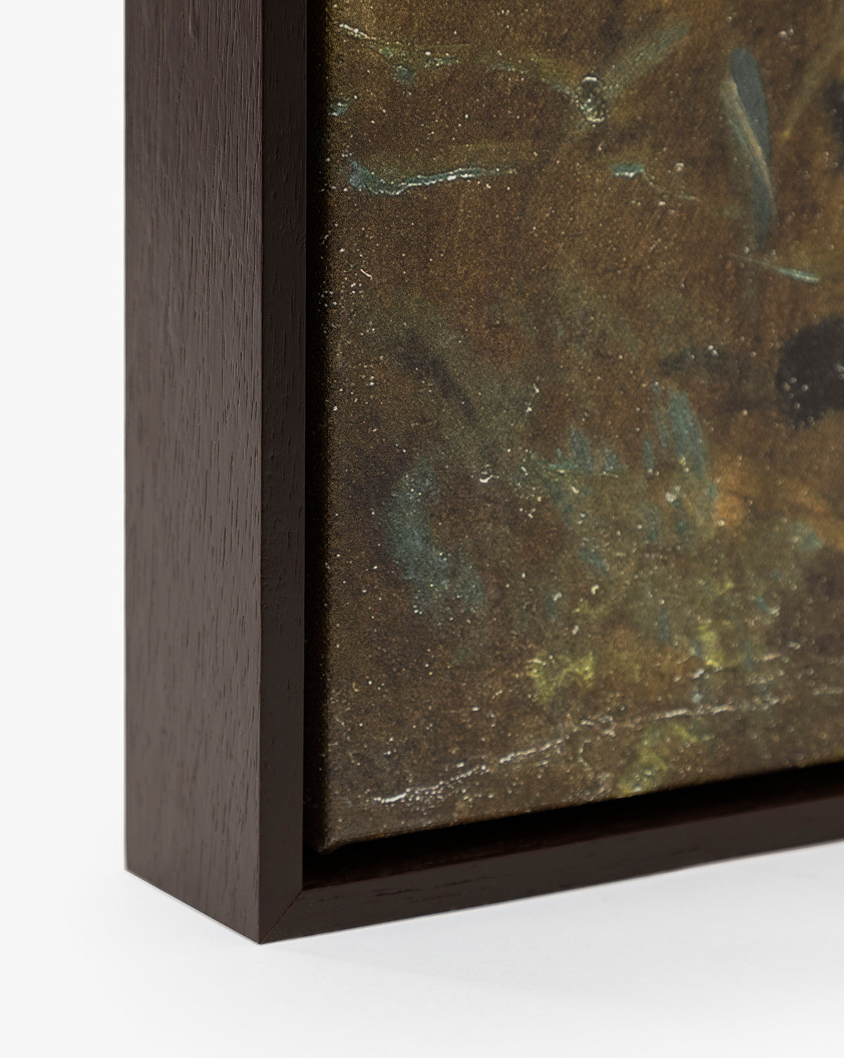 Close-up of Bank Grasses, a gallery-wrapped giclee on canvas with a dark brown wooden frame, showcasing textured, abstract brushstrokes in muted green, brown, and blue tones by McGee & Co.