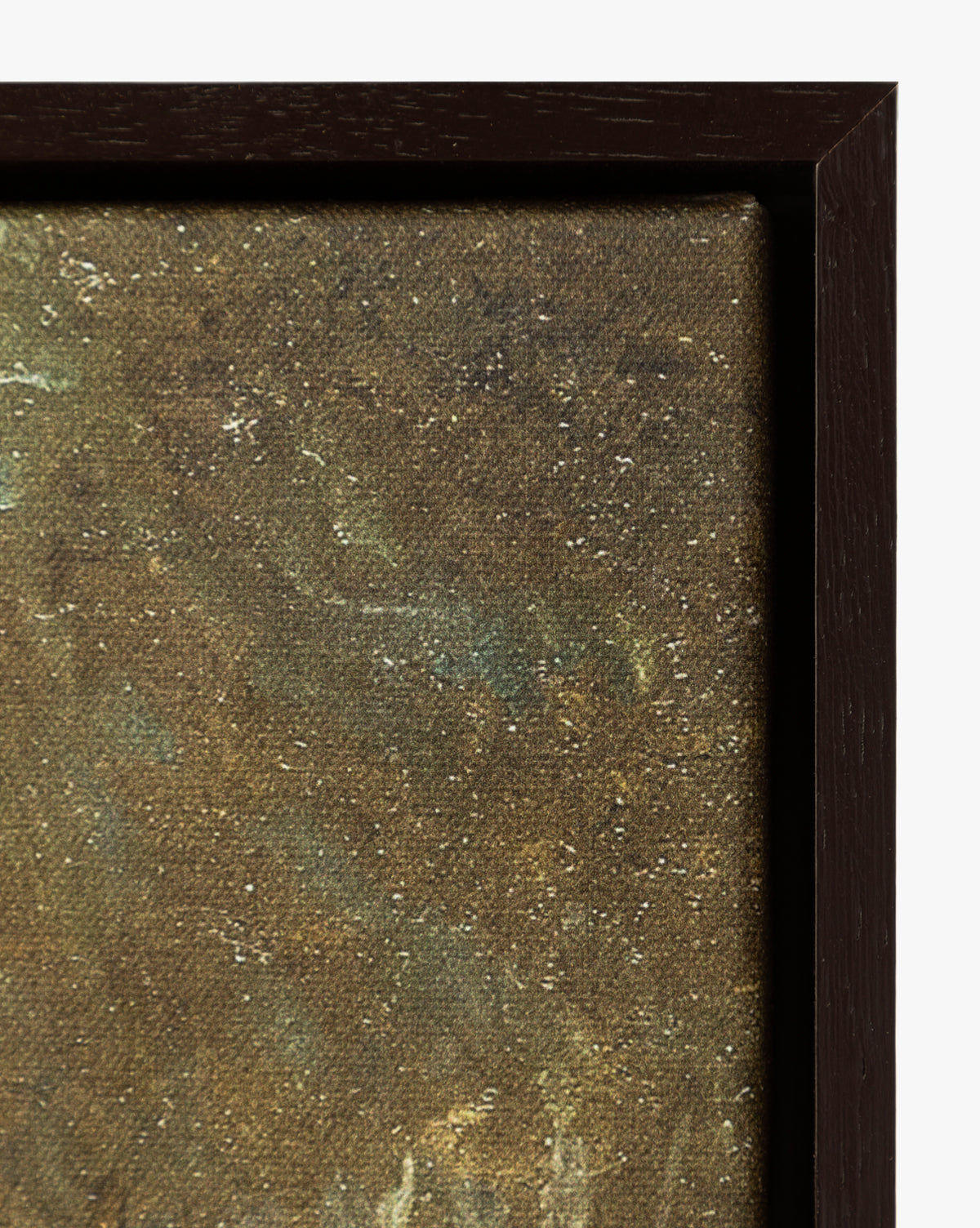 Close-up of the top right corner of “Bank Grasses,” a gallery-wrapped giclee on canvas featuring a dark, textured surface in brown and green tones, showcasing the wooden frame and fabric texture, by McGee & Co.