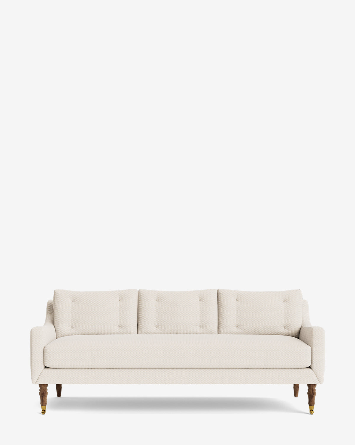 The Barden Sofa 84 features cream tufted cushions and elegant reeded wood legs, displayed against a plain white background, by McGee & Co.