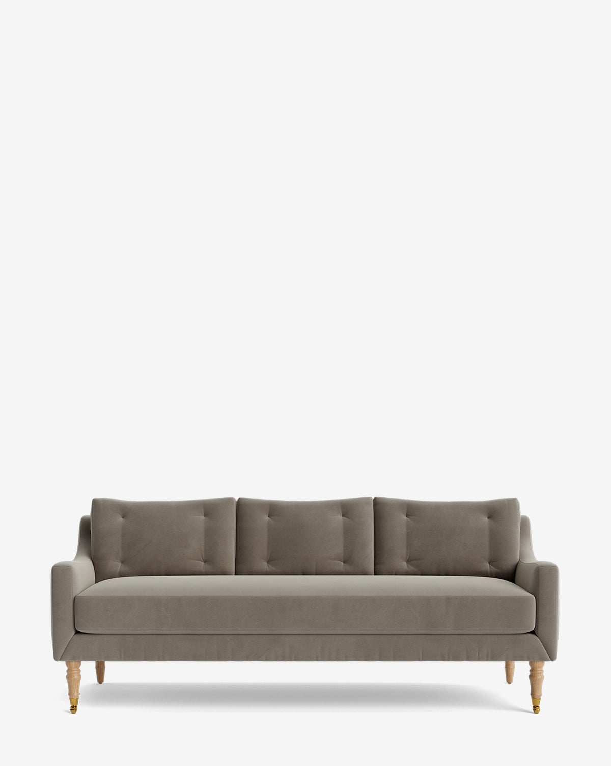 The Barden Sofa 84 showcases gray upholstery, three seat and back cushions, slightly flared arms, and elegant reeded wood legs, set against a plain white background by McGee & Co.