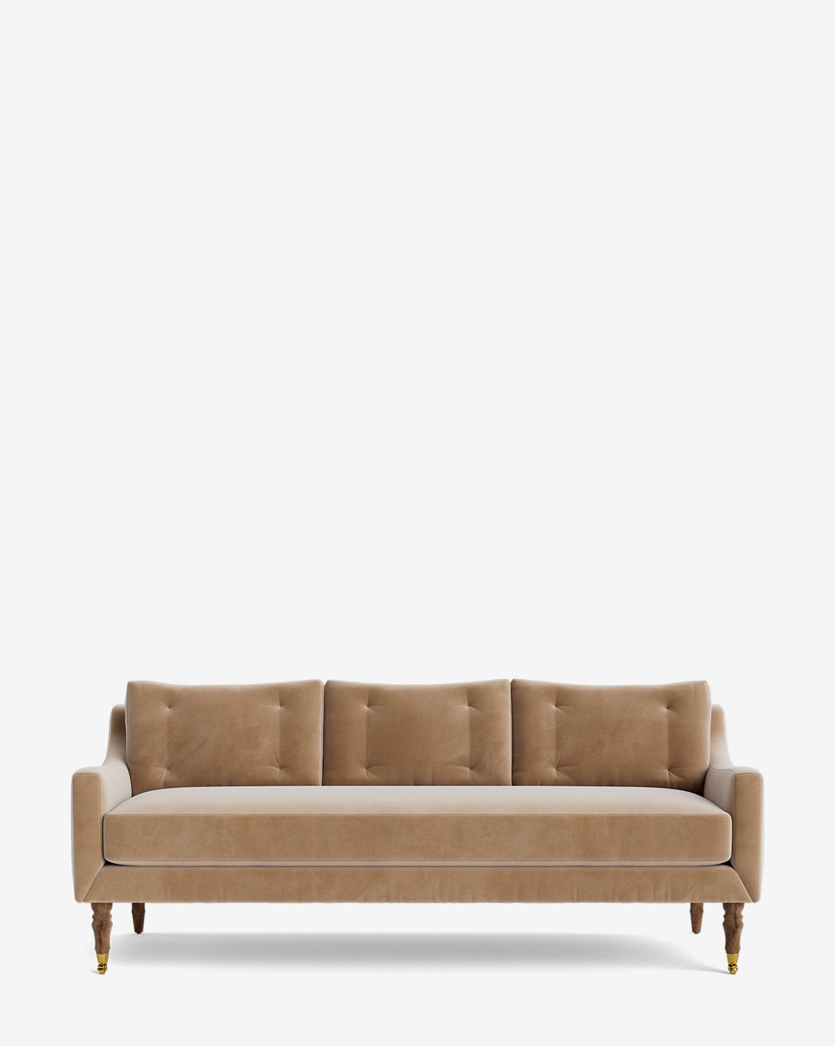 The Barden Sofa 84 is a modern light brown velvet sofa featuring three tufted cushions and four short reeded wood legs, displayed against a plain white background by McGee & Co.