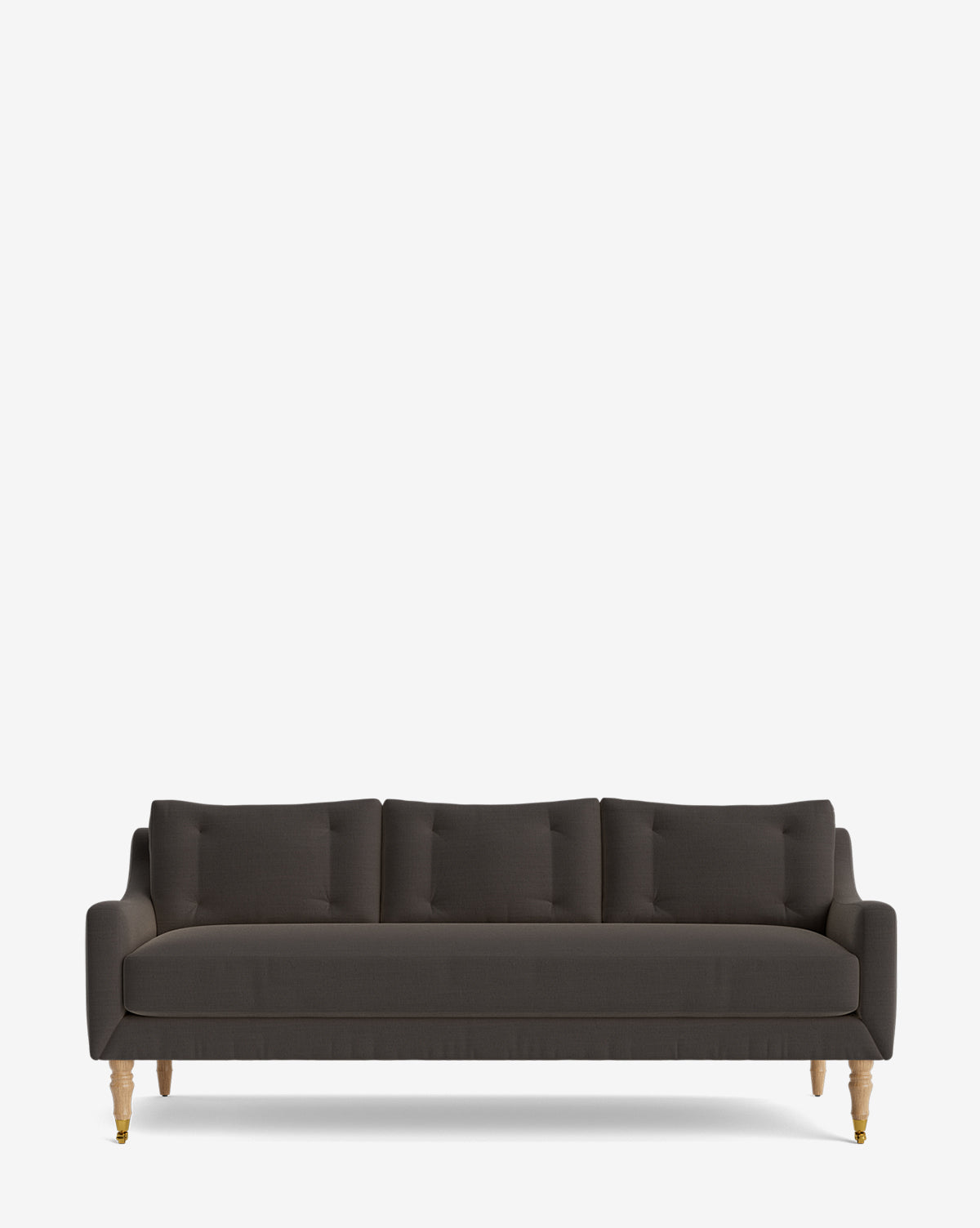 The Barden Sofa 84 showcases a modern dark gray look with three tufted cushions and stylish reeded wood legs, all set against a plain white background by McGee & Co.