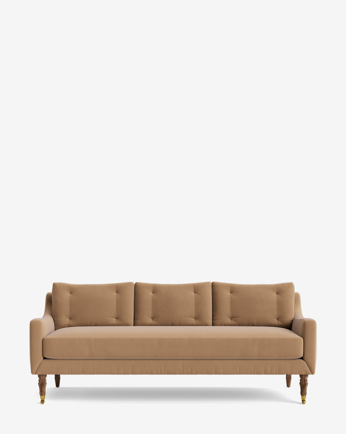 The Barden Sofa 84 showcases a modern tan design with three seat and matching back cushions, complemented by reeded wood legs with brass casters, all set against a plain white background, by McGee & Co.