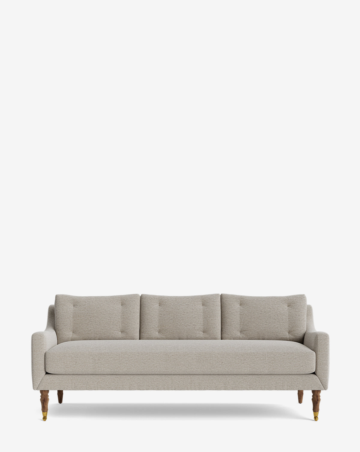 The Barden Sofa 84 is a modern light gray upholstered sofa with three seat cushions, tufted back cushions, and reeded wood legs—front two featuring small brass casters—displayed against a plain white background by McGee & Co.