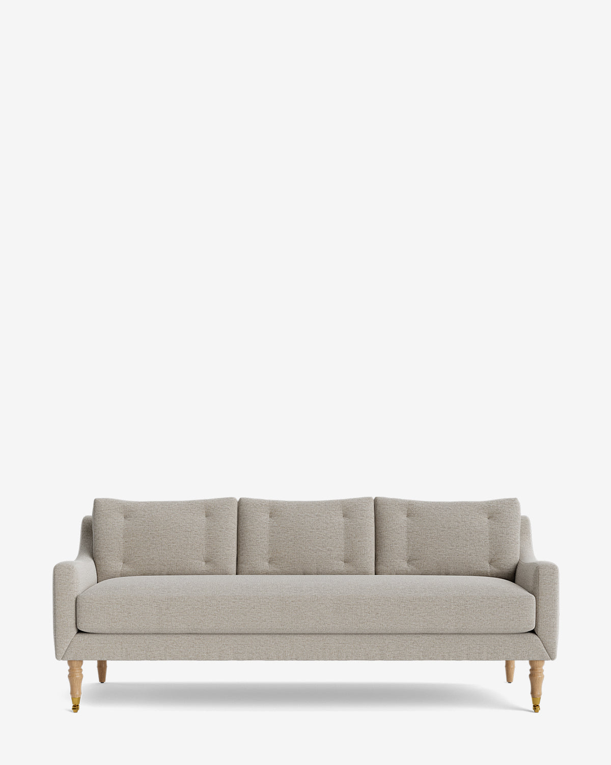 The Barden Sofa 84 is a modern, light gray three-seater featuring tufted cushions, straight arms, and reeded wood legs. Its minimalist design stands out beautifully against a plain white background, by McGee & Co.