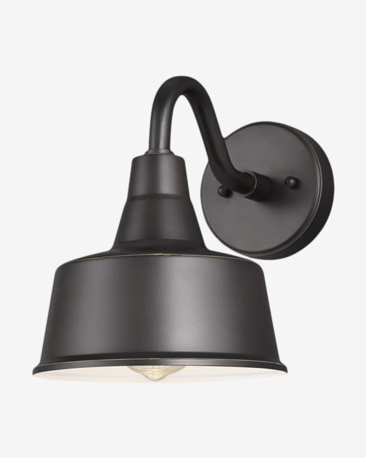 The Barn Light Outdoor Wall Lantern features a black metal, curved arm and wide, downward-facing shade for industrial outdoor lighting; its dark sky compliant and is displayed against a white background by McGee & Co.