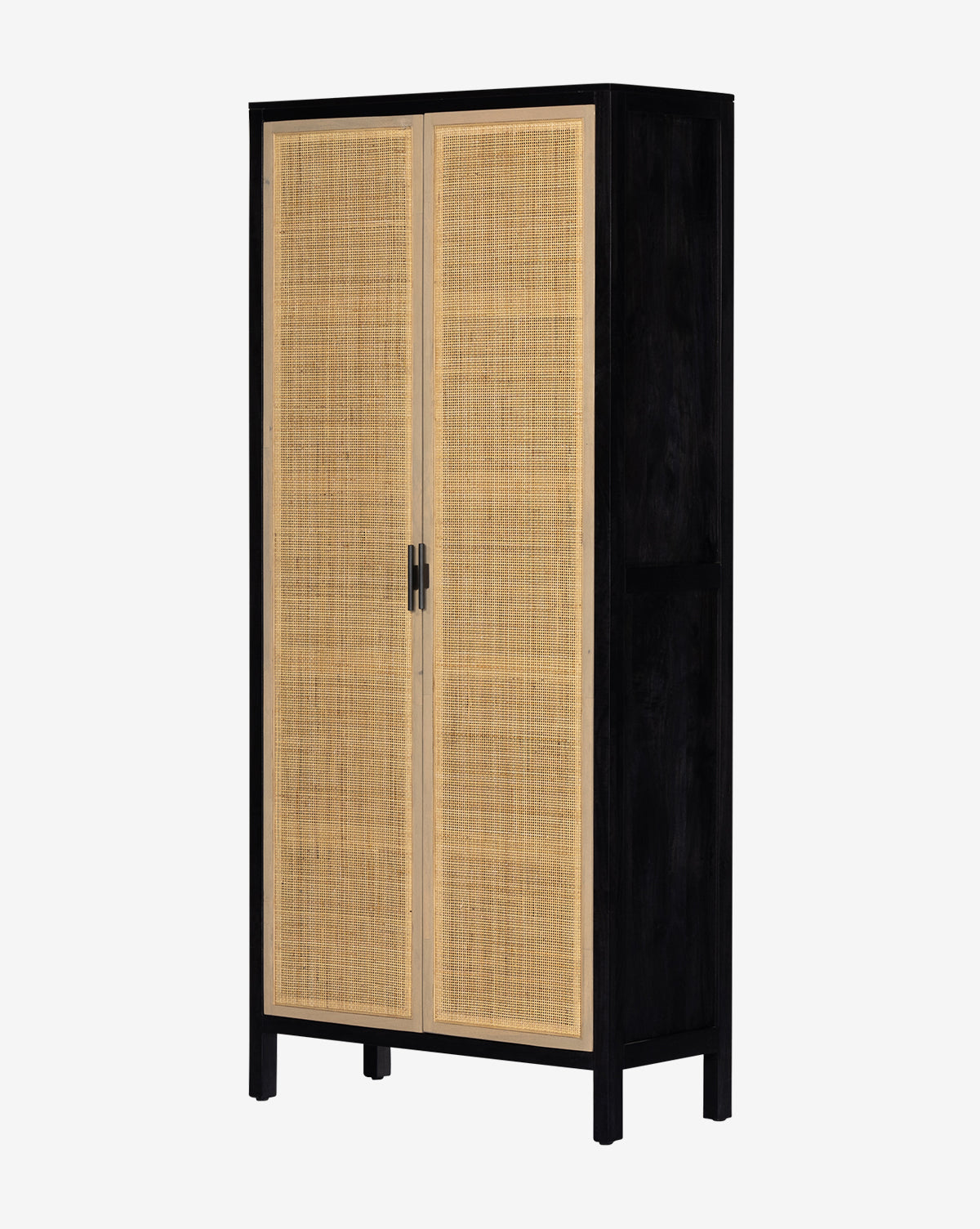 The Barney Cabinet is a tall, modern storage piece with a black-washed wood frame and two light rattan cane doors, featuring minimalist straight lines and sleek black handles, by McGee & Co.
