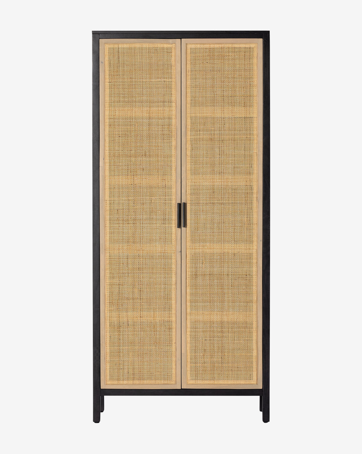 The Barney Cabinet is a tall, modern piece with light woven rattan cane doors framed by a black-washed wood border, by McGee & Co. It stands on four legs and is shown against a plain white background.