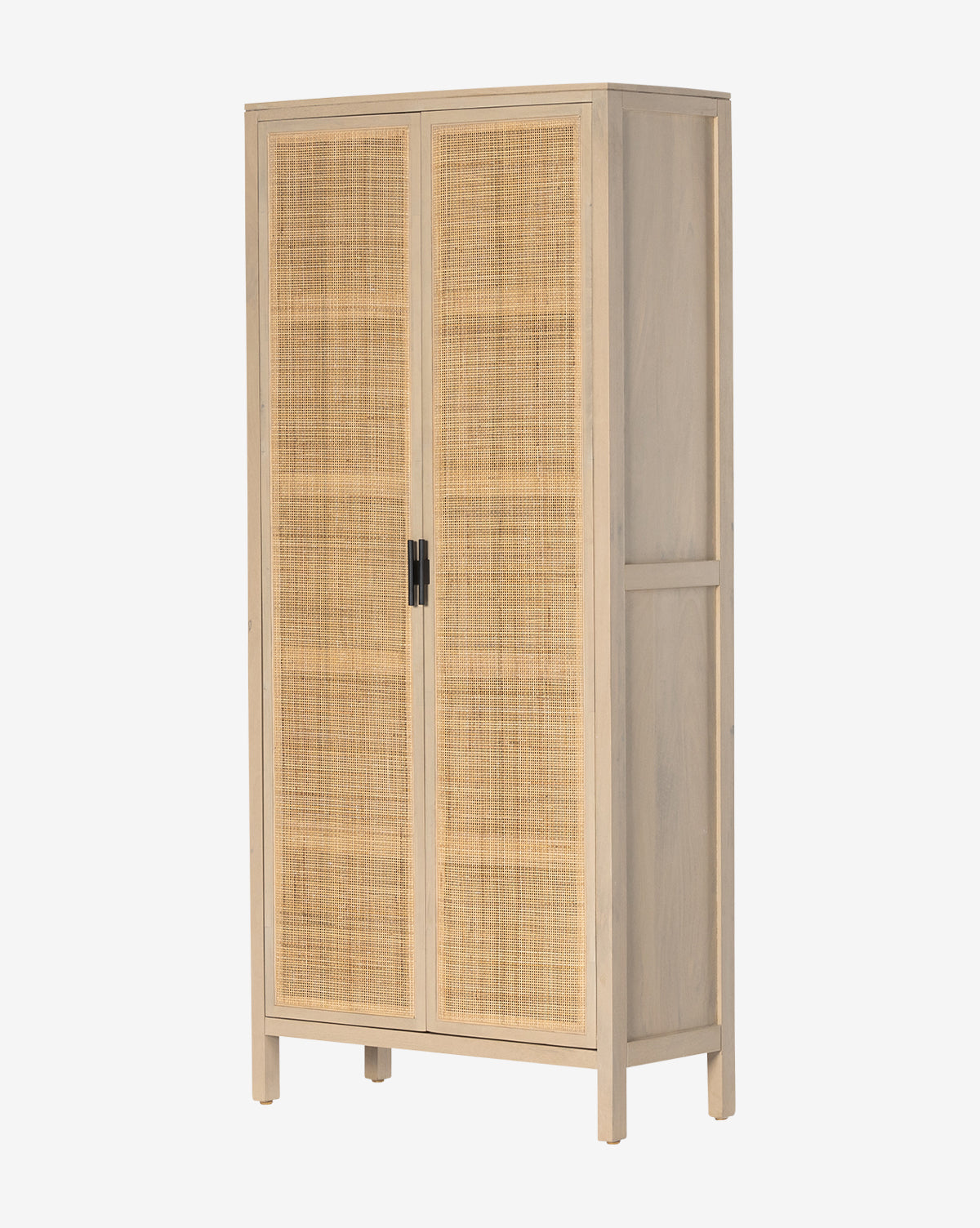 The Barney Cabinet features light wood, woven rattan cane doors, and simple black handles. Standing on four legs, this modern storage cabinet blends style and function, making it a chic addition to any space by McGee & Co.