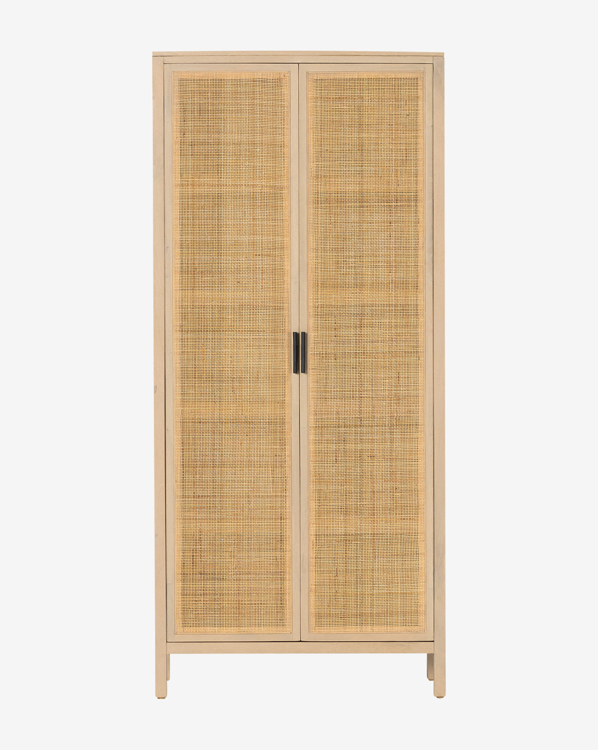 The Barney Cabinet is a modern storage unit with two cane doors featuring woven rattan panels and simple black handles, supported by short legs and showcased against a plain white background by McGee & Co.