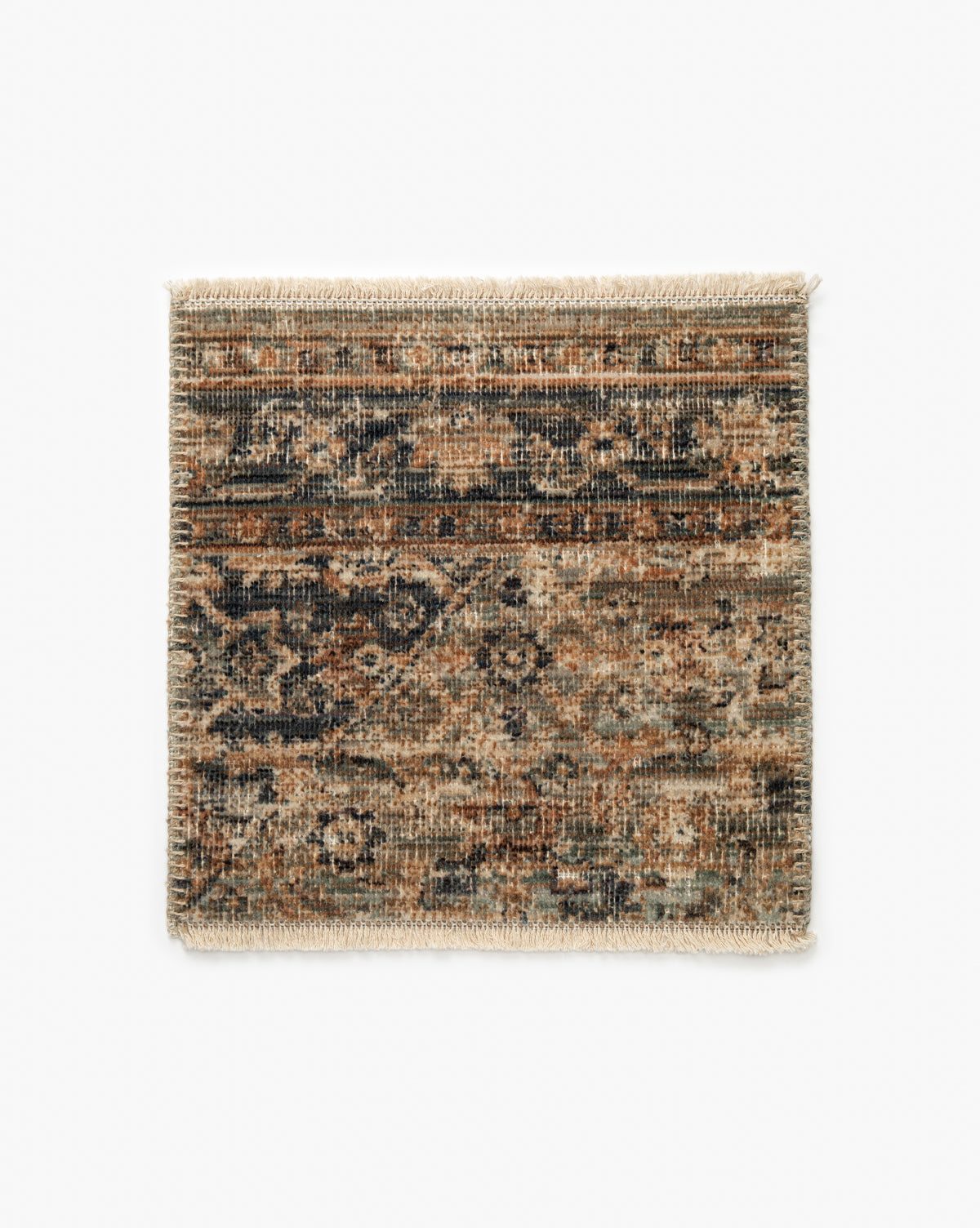 A square, vintage-style Barrett Sage Rug Swatch with a distressed floral design in muted sage, brown, and beige tones. High-quality construction features short, light-colored fringe along the edges for a refined finish, by McGee & Co.