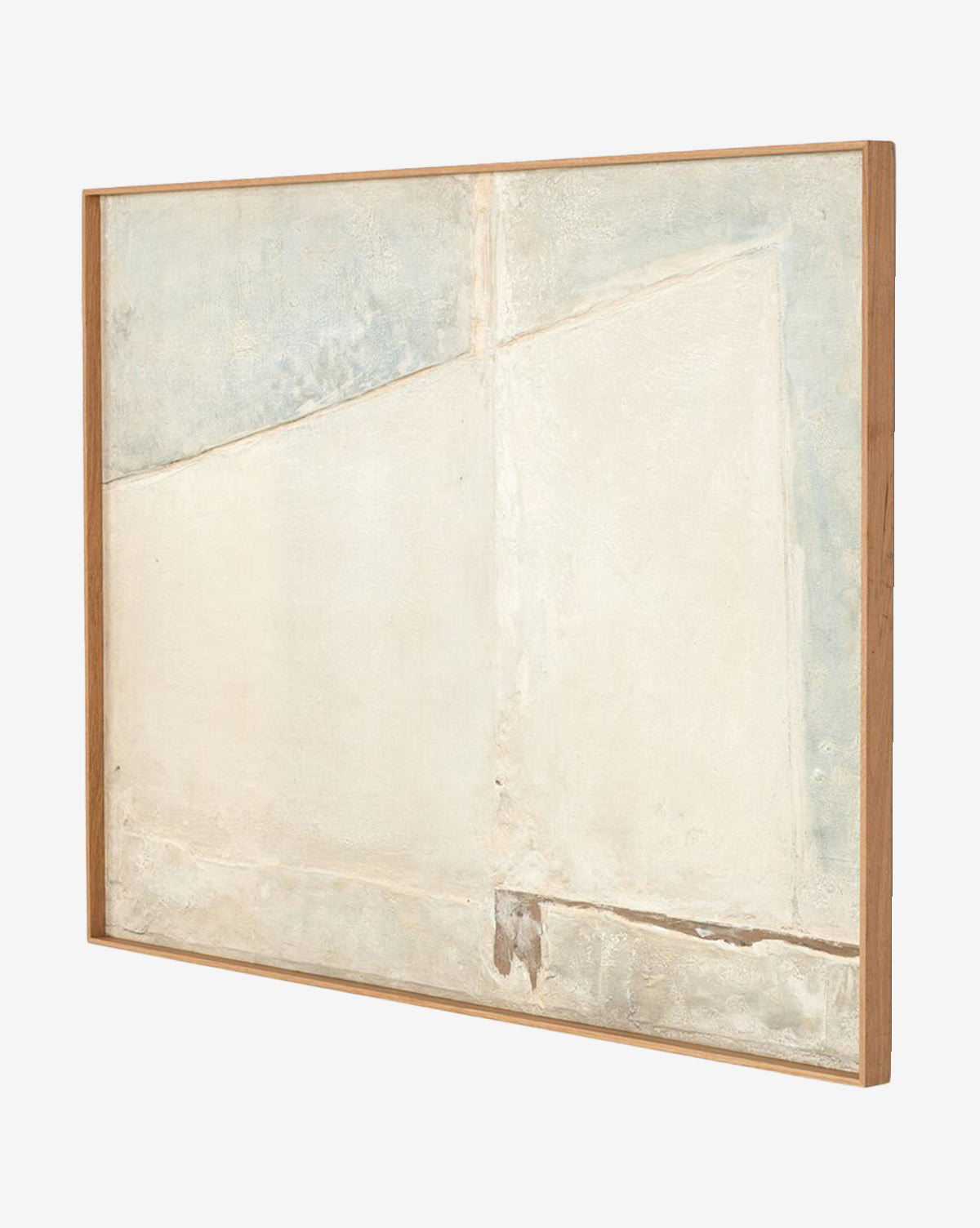 Basalt by Paul Meyer is an abstract canvas art in muted off-white and light gray, featuring geometric shapes with a rough texture and minimalist composition. Framed in simple wood, it adds subtle elegance to any space, by McGee & Co.