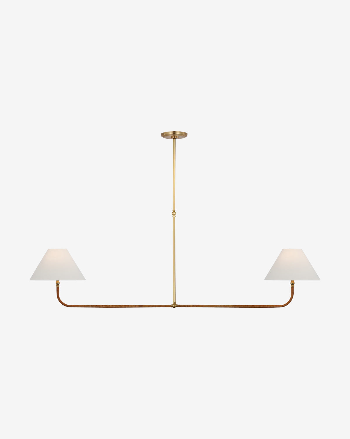 The Basden Extra Large Linear Chandelier by Visual Comfort & Co. Signature features a minimalistic design with a central rod, two horizontal arms, and white cone-shaped shades—perfect for contemporary spaces seeking symmetrical elegance. McGee & Co.