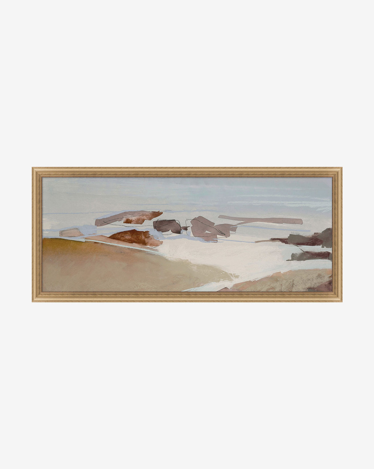 Beach Abstract is a rectangular painting in a wooden frame, featuring a coastal landscape with soft, muted tones from the coast palette, rocky formations, and a calm shoreline beneath a pale sky, by McGee & Co.
